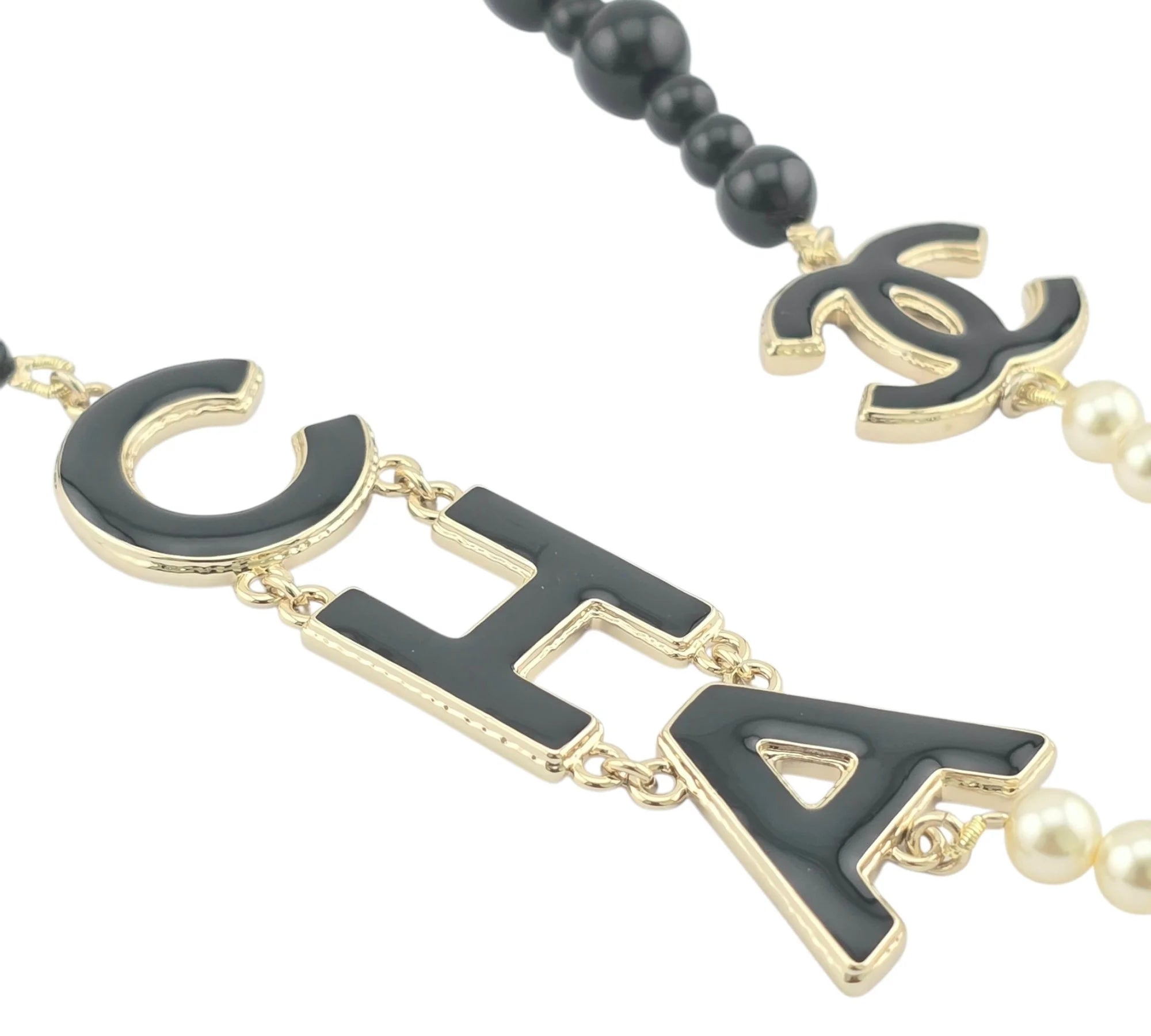 Chanel CC Metal Enamel Pearl Beaded Long Necklace Black White 2022 CHANEL