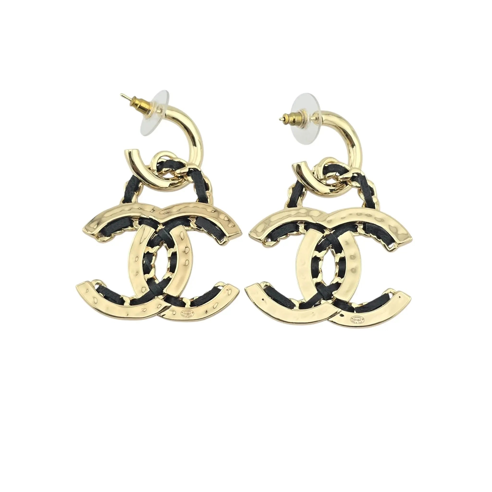 Chanel CC Gold Black Woven Leather Drop Earrings 2021 CHANEL