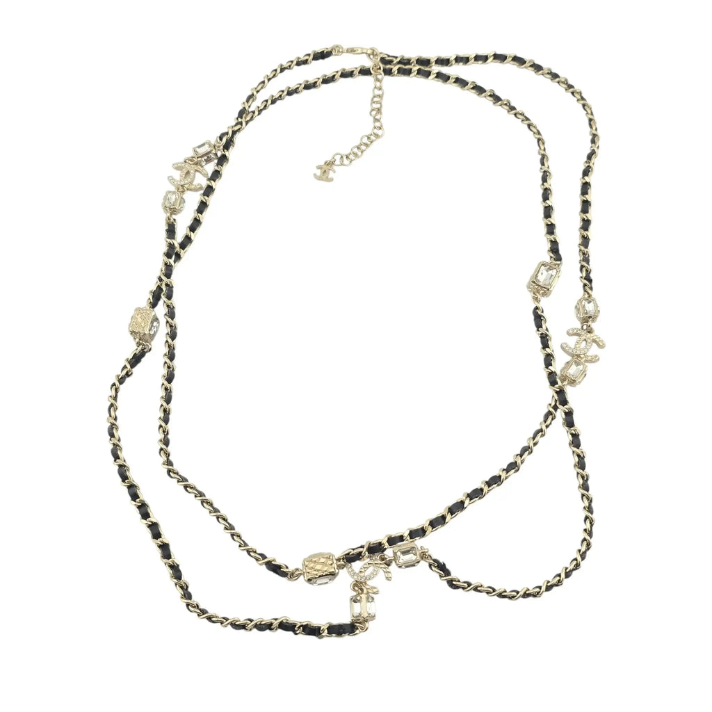 Chanel CC Gold Black Leather Long Necklace A23 CHANEL