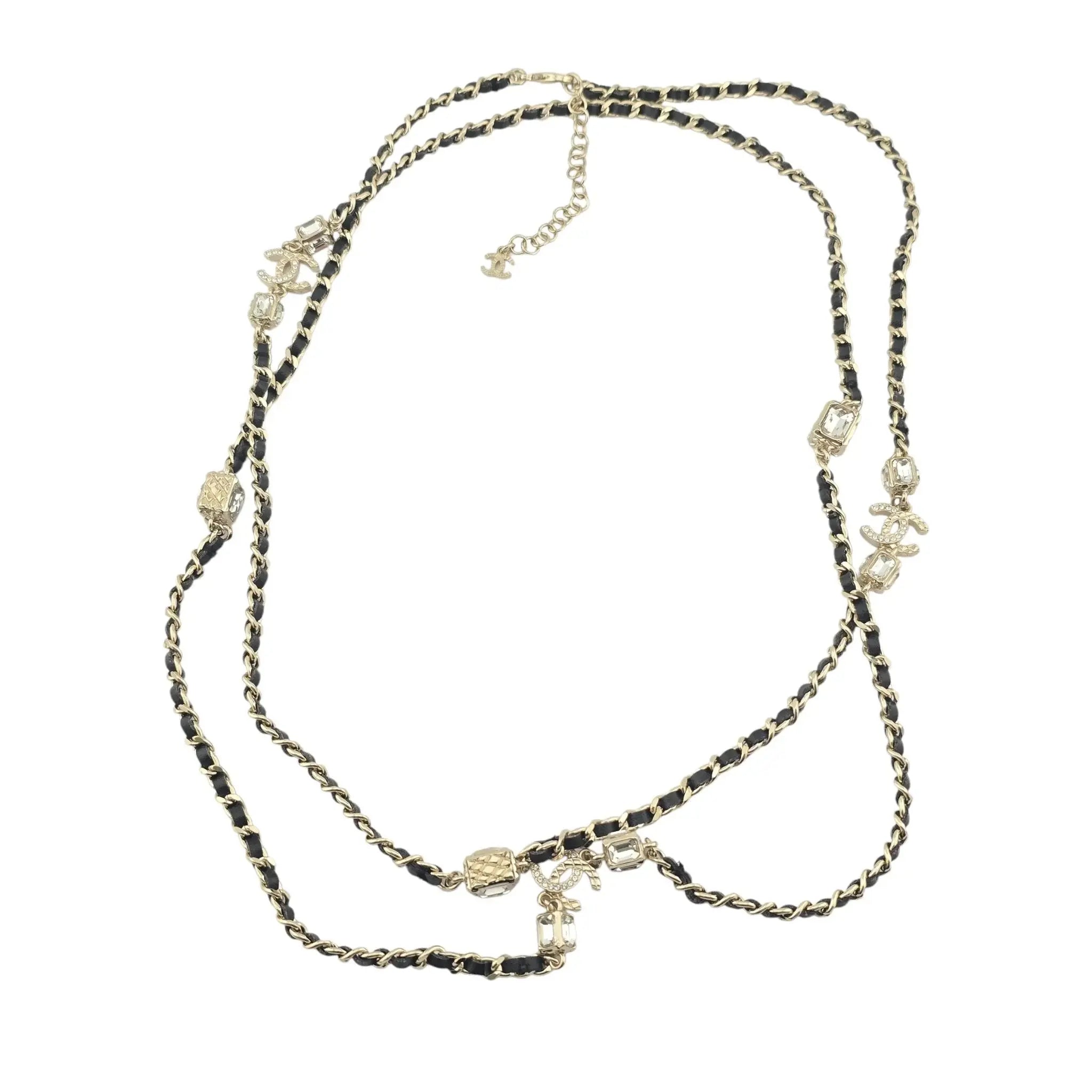 Chanel CC Gold Black Leather Long Necklace A23 CHANEL