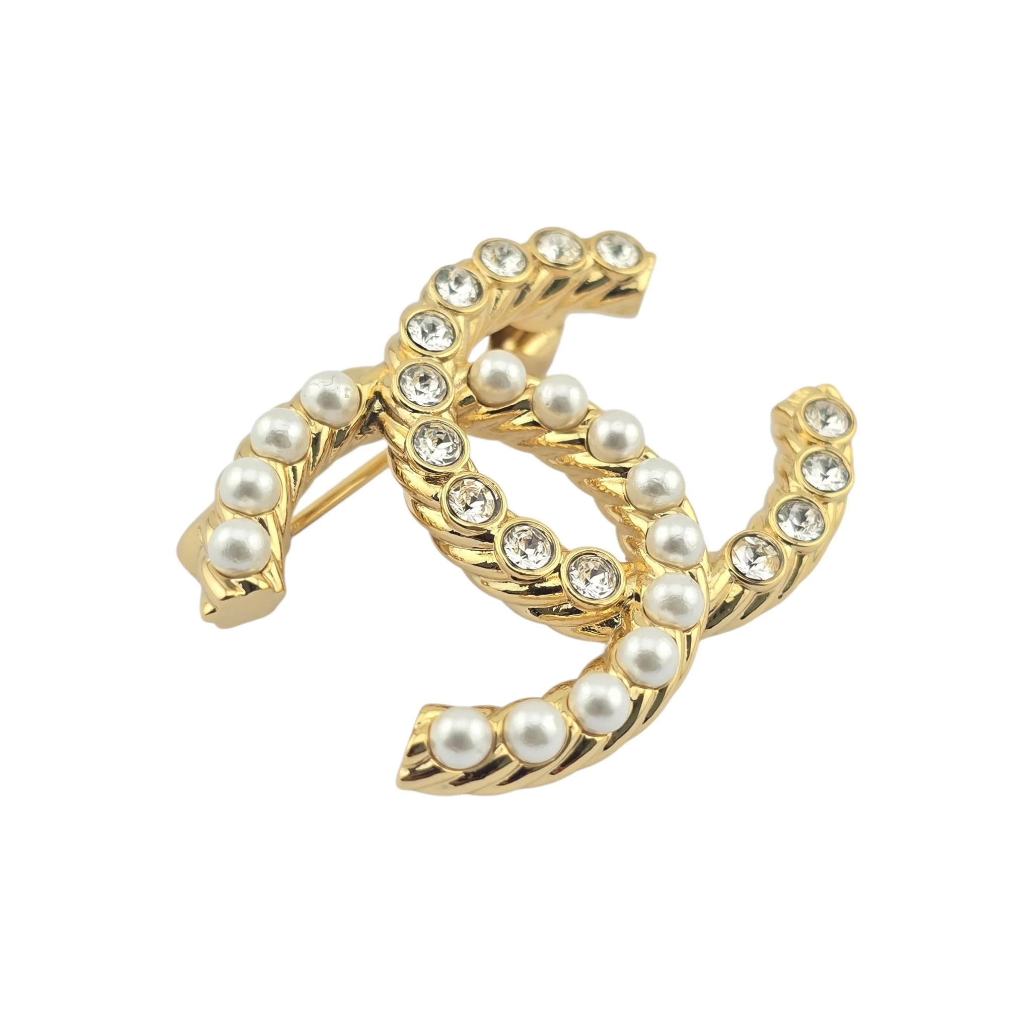 Chanel CC Gold Faux Pearls Crystals Brooch 2023 CHANEL
