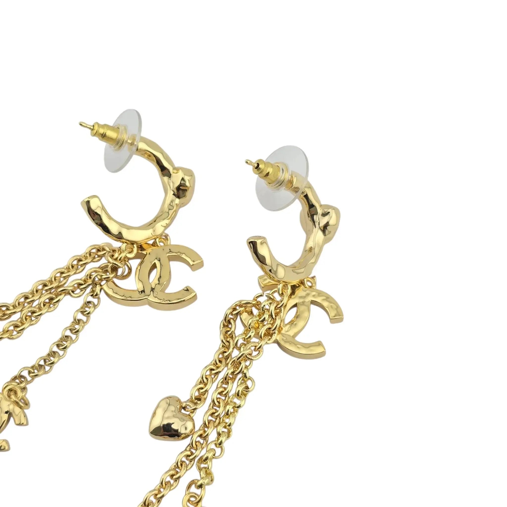 Chanel CC Chain Drop Gold Heart Hoop Earrings B23 CHANEL