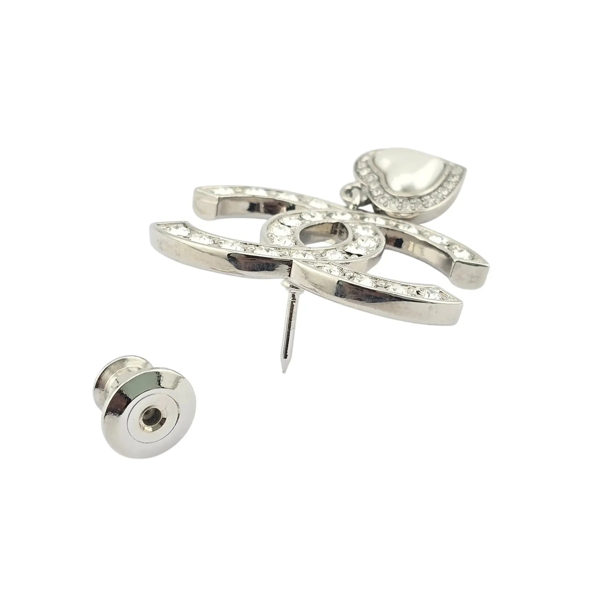 Chanel Crystal Pearl CC Heart Drop Brooch Silver B23 CHANEL