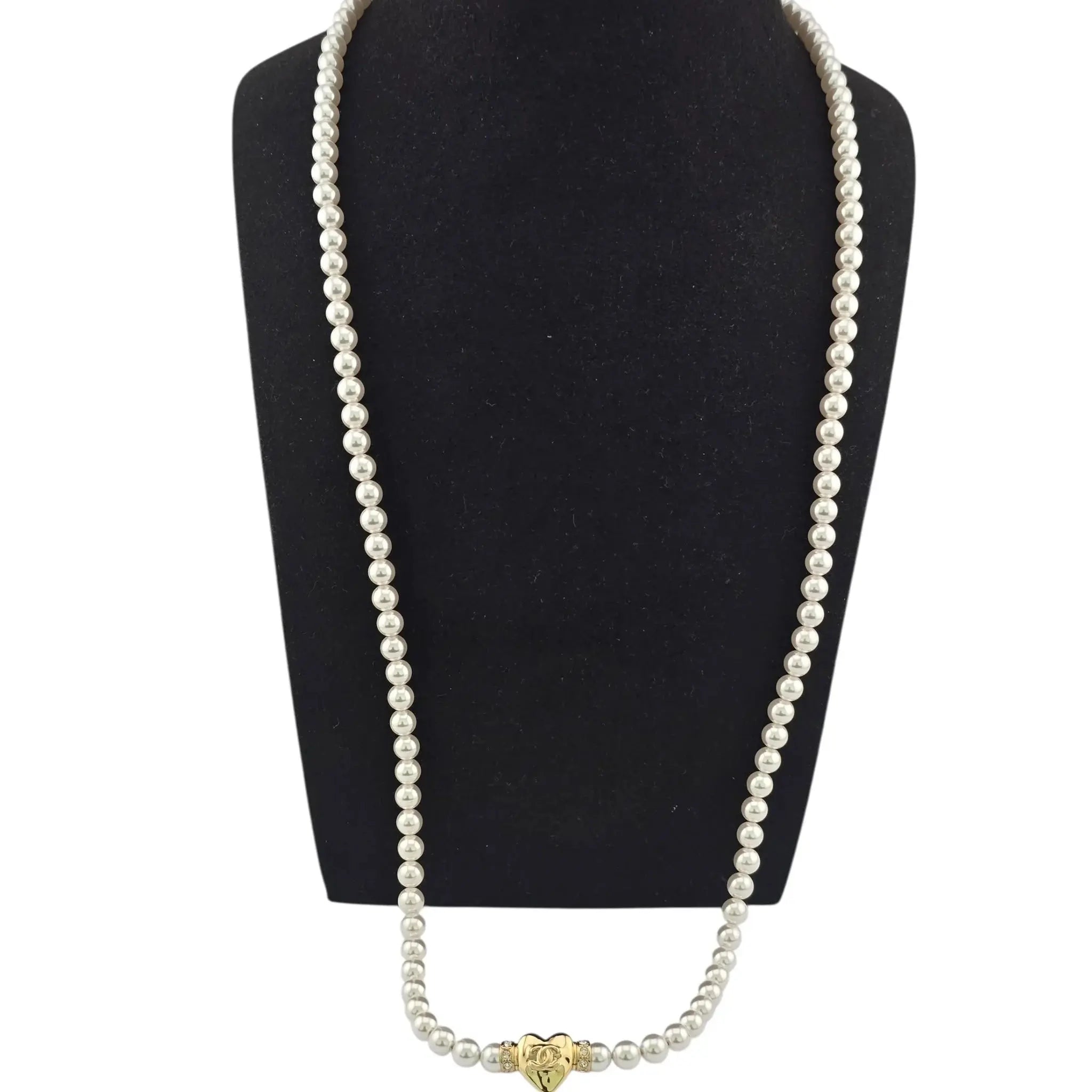Chanel CC Long Faux Pearl Gold Heart Necklace CHANEL