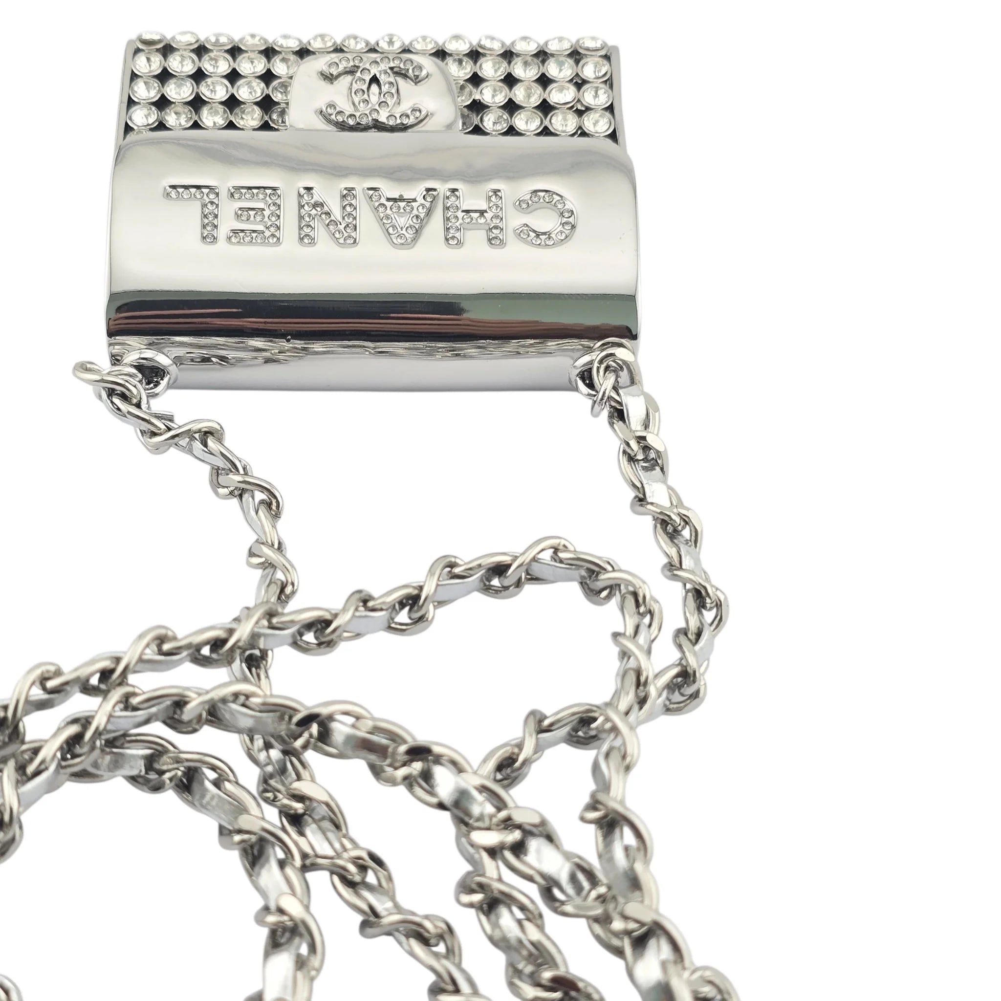 Chanel CC Metal Lambskin Strass Crystal Mini Bag Long Necklace Silver CHANEL