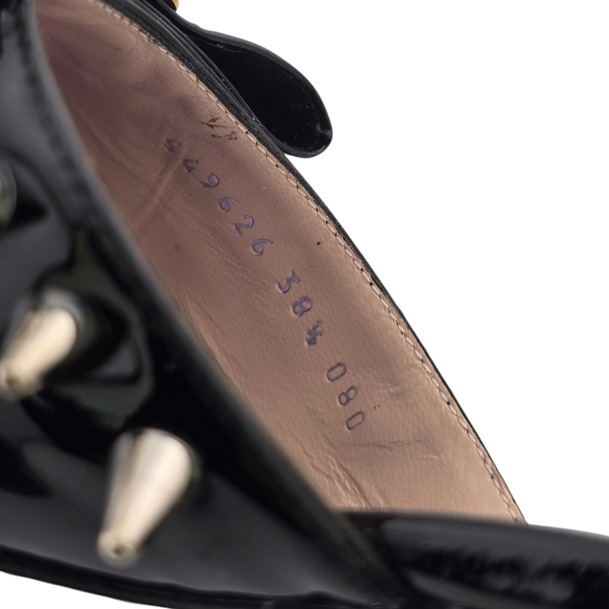 GUCCI Patent GG Bow Sadie Spike Mid Heel Mules 38.5 Black GUCCI