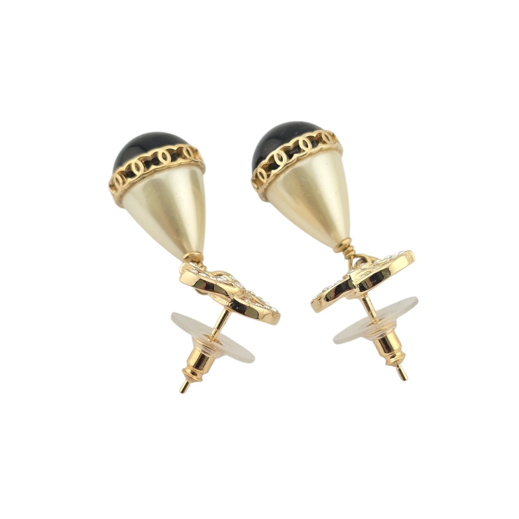 Chanel Crystal Pearl CC Drop Earrings Gold Black CHANEL