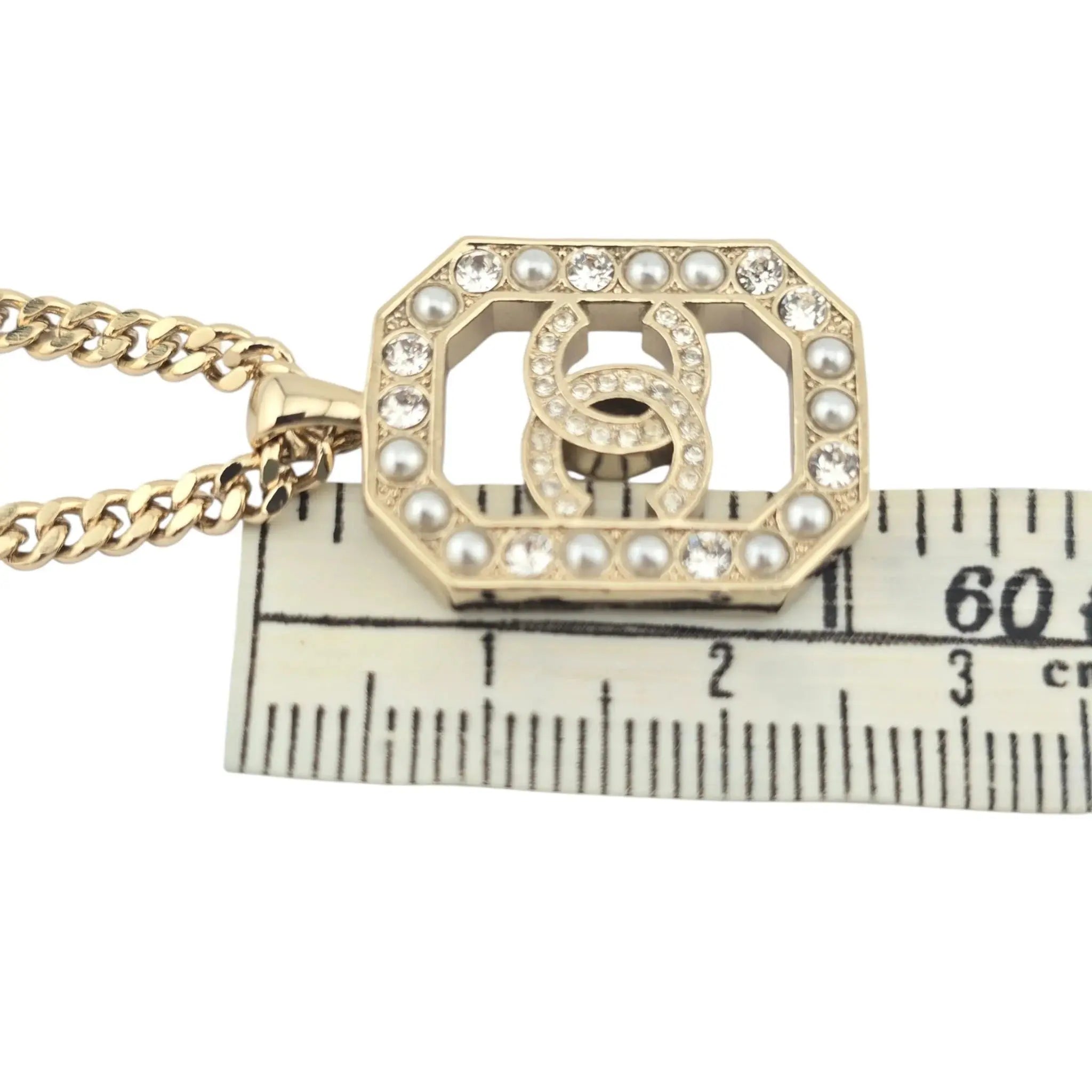 Chanel CC Crystal Pearl Square Pendant Necklace Gold 2023 CHANEL
