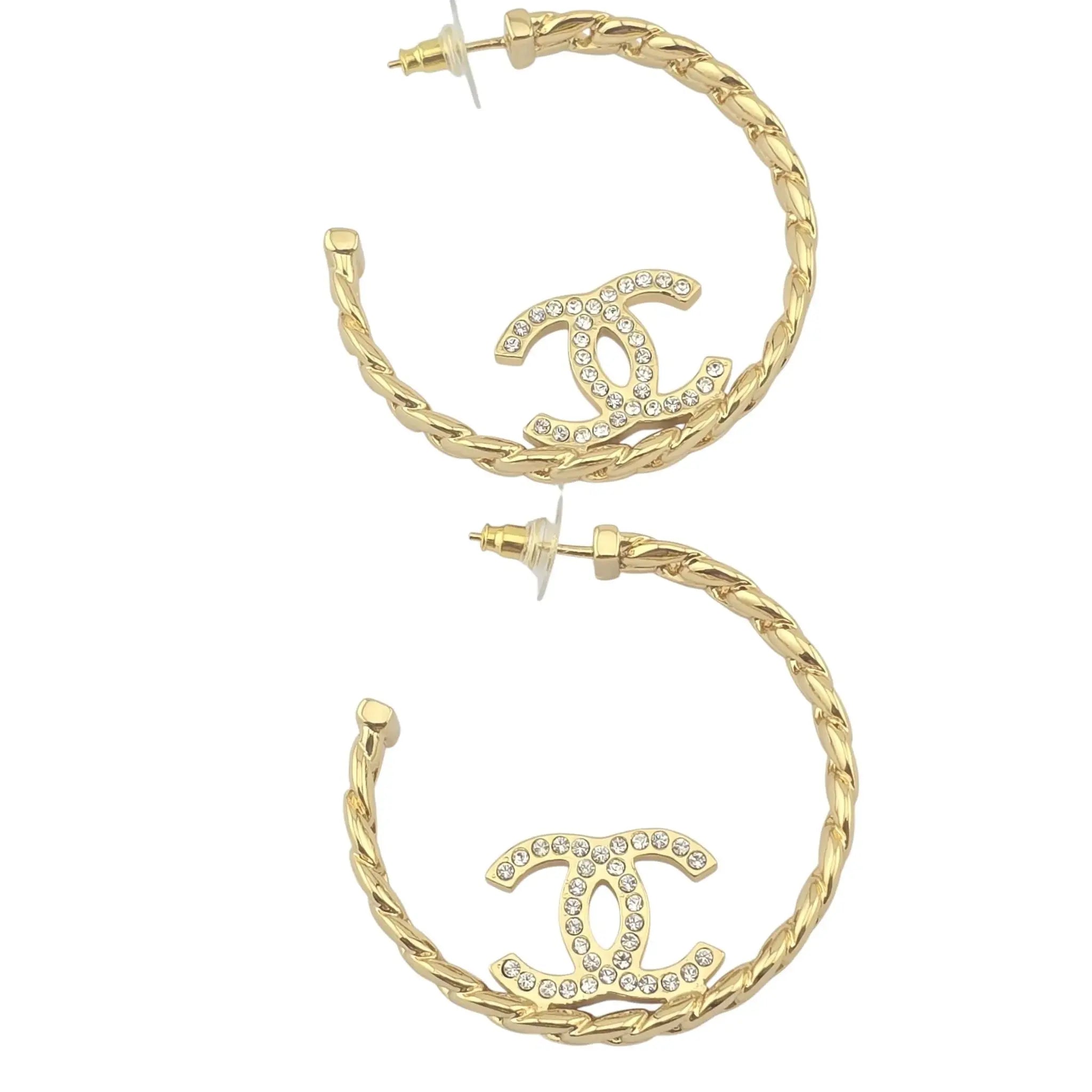 Chanel CC Crystal Hoop Earrings Gold CHANEL