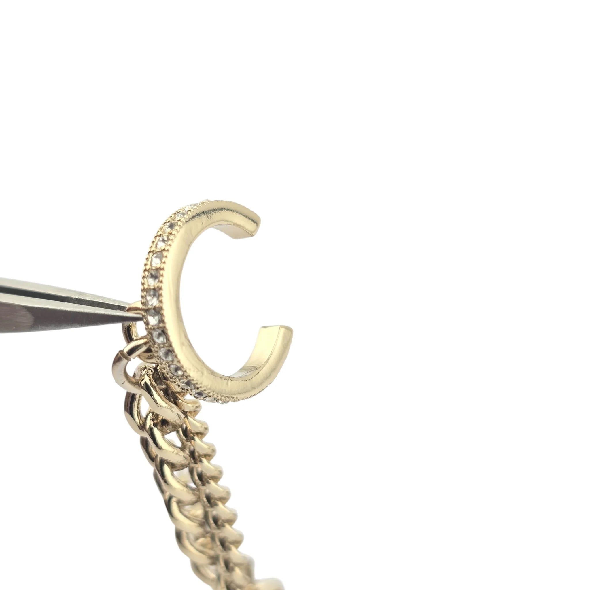 Chanel CC Resin Crystal Heart Chain Cuff Earrings Black Gold CHANEL