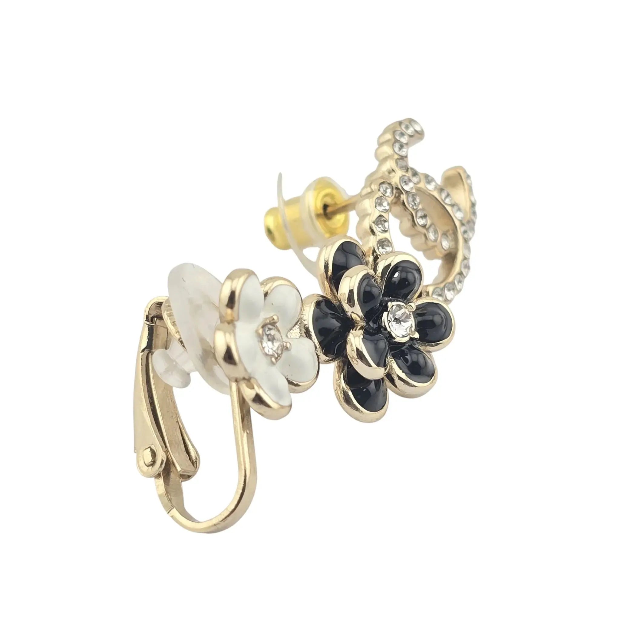 Chanel CC Crystal Enamel Camelia Clip On Stud  Earrings Black White CHANEL