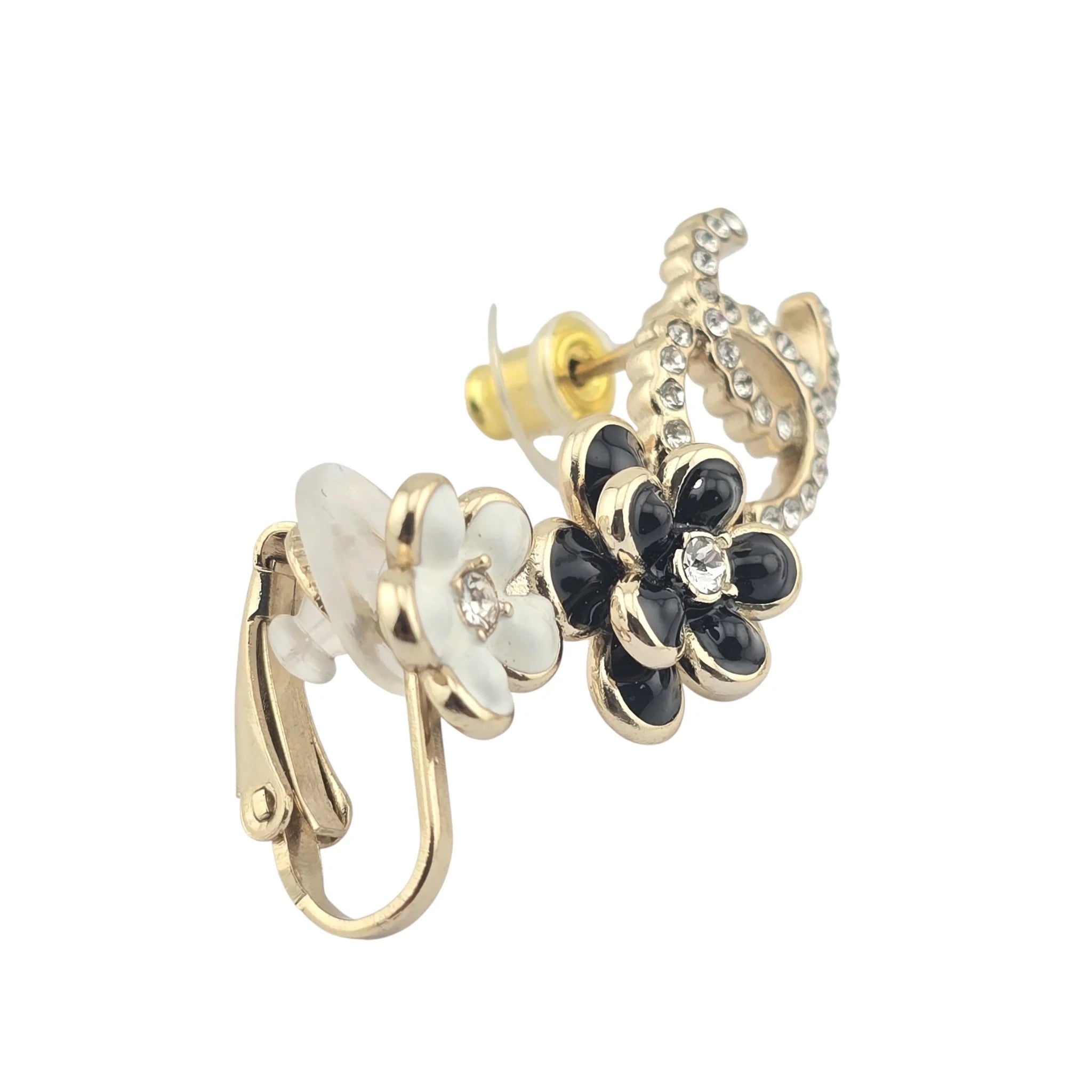 Chanel CC Crystal Enamel Camelia Clip On Stud  Earrings Black White CHANEL