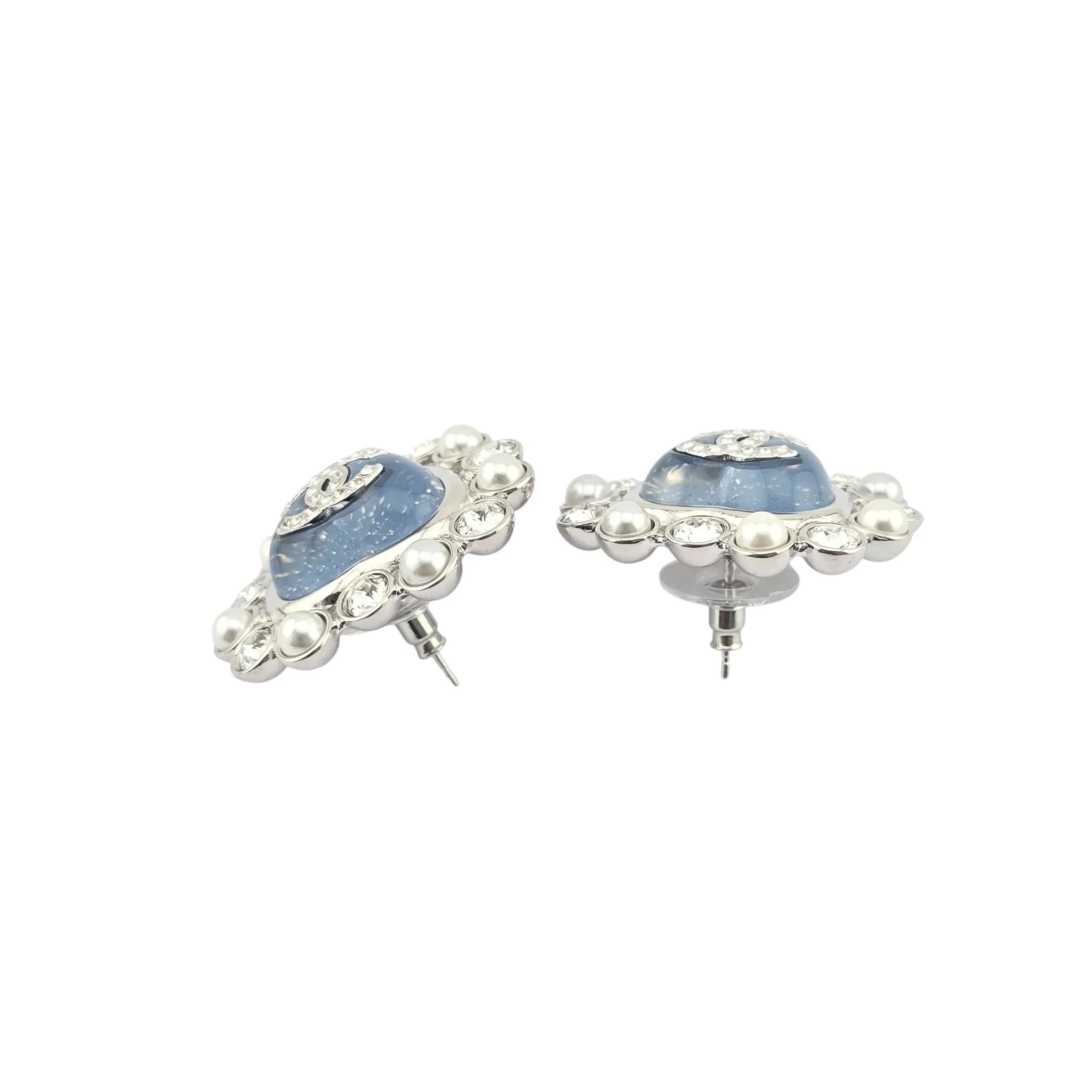 Chanel CC Silver Blue Heart Crystal Faux Pearl Earrings 2025 CHANEL