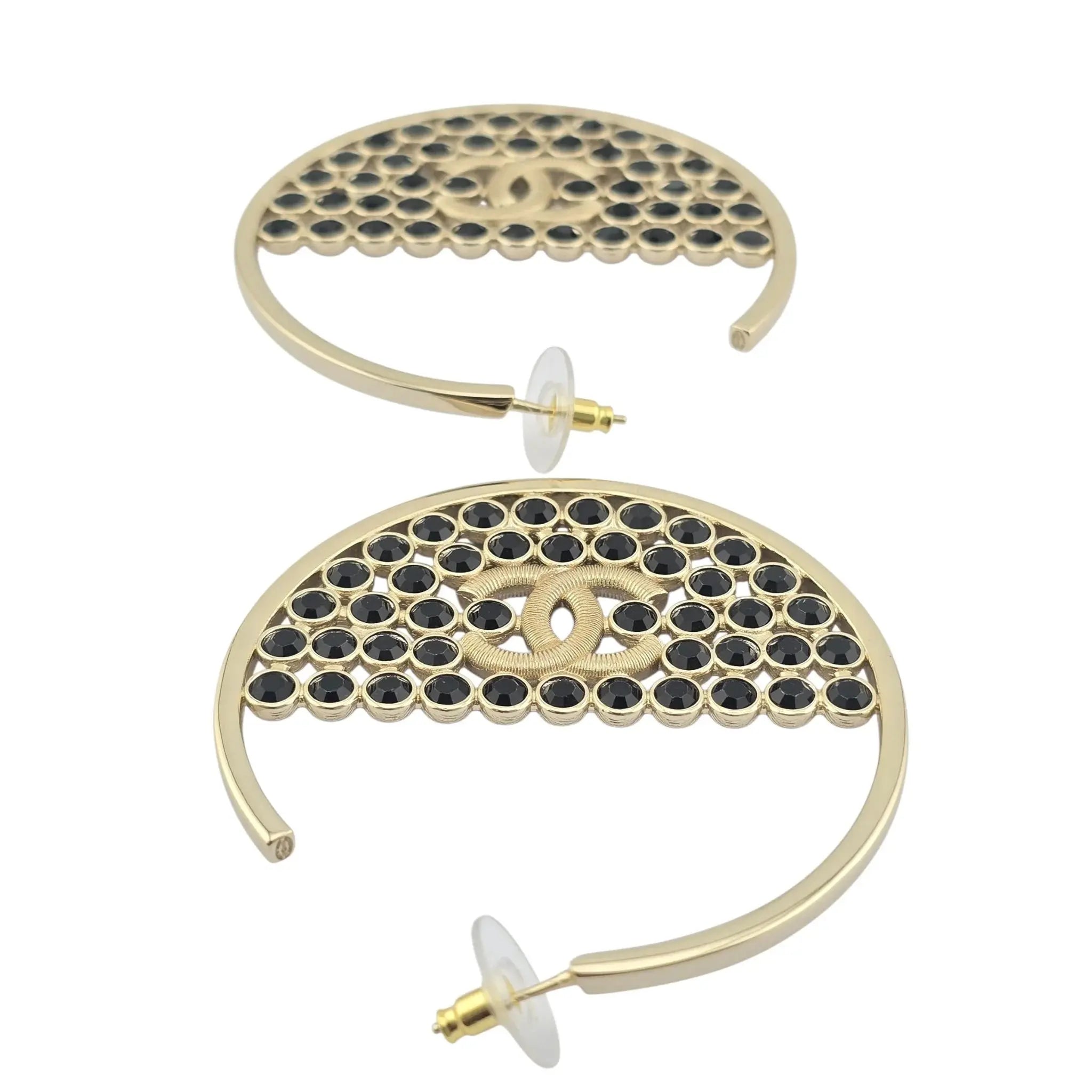 Chanel CC Black Crystal Gold Hoop Earrings SS23 CHANEL