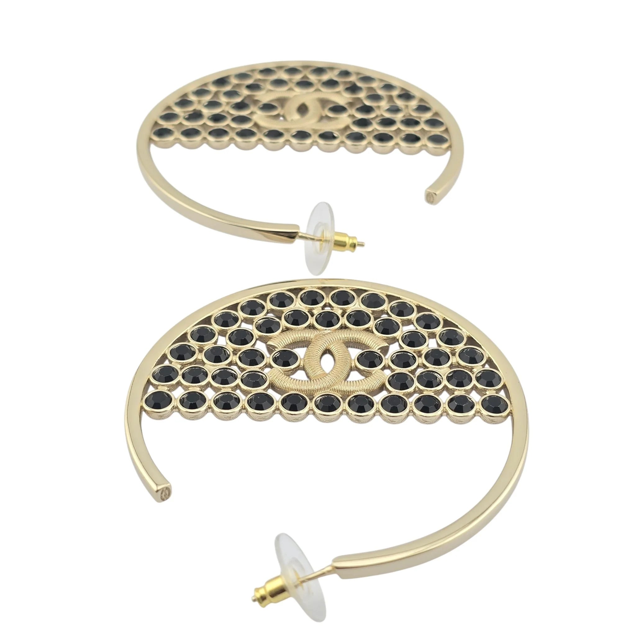 Chanel CC Black Crystal Gold Hoop Earrings SS23 CHANEL