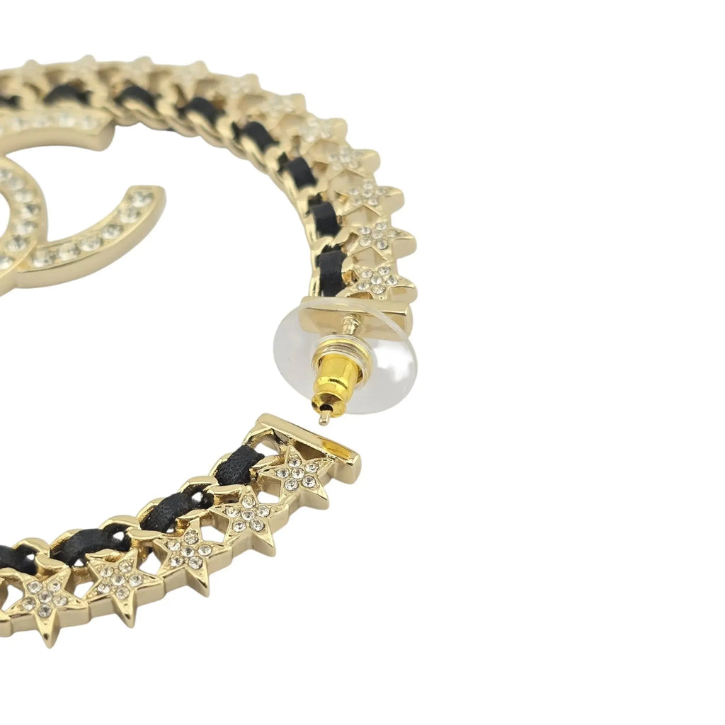 Chanel CC Large Hoop Earrings Crystal/Leather CHANEL