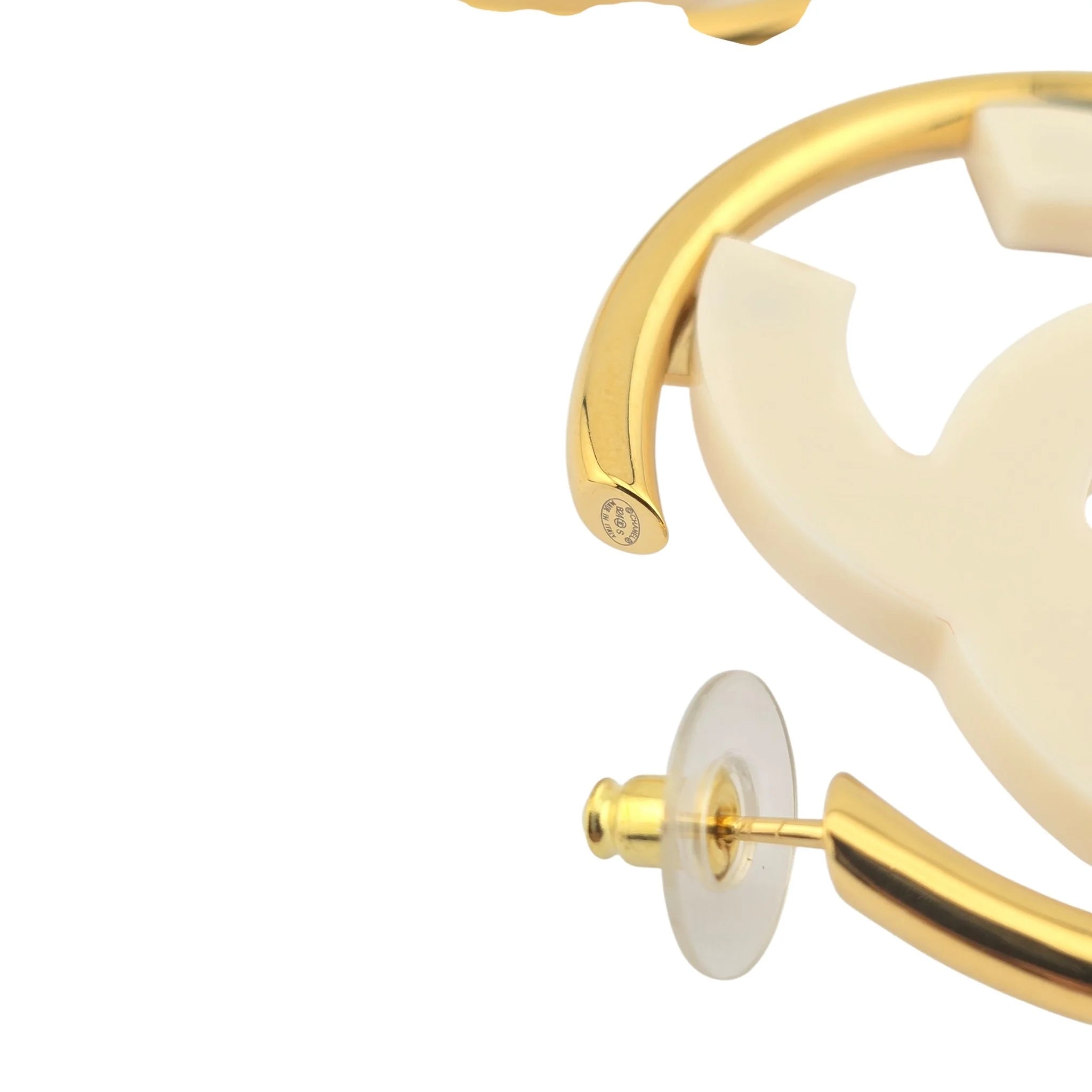 Chanel CC White/Gold Hoop Earrings B24 CHANEL