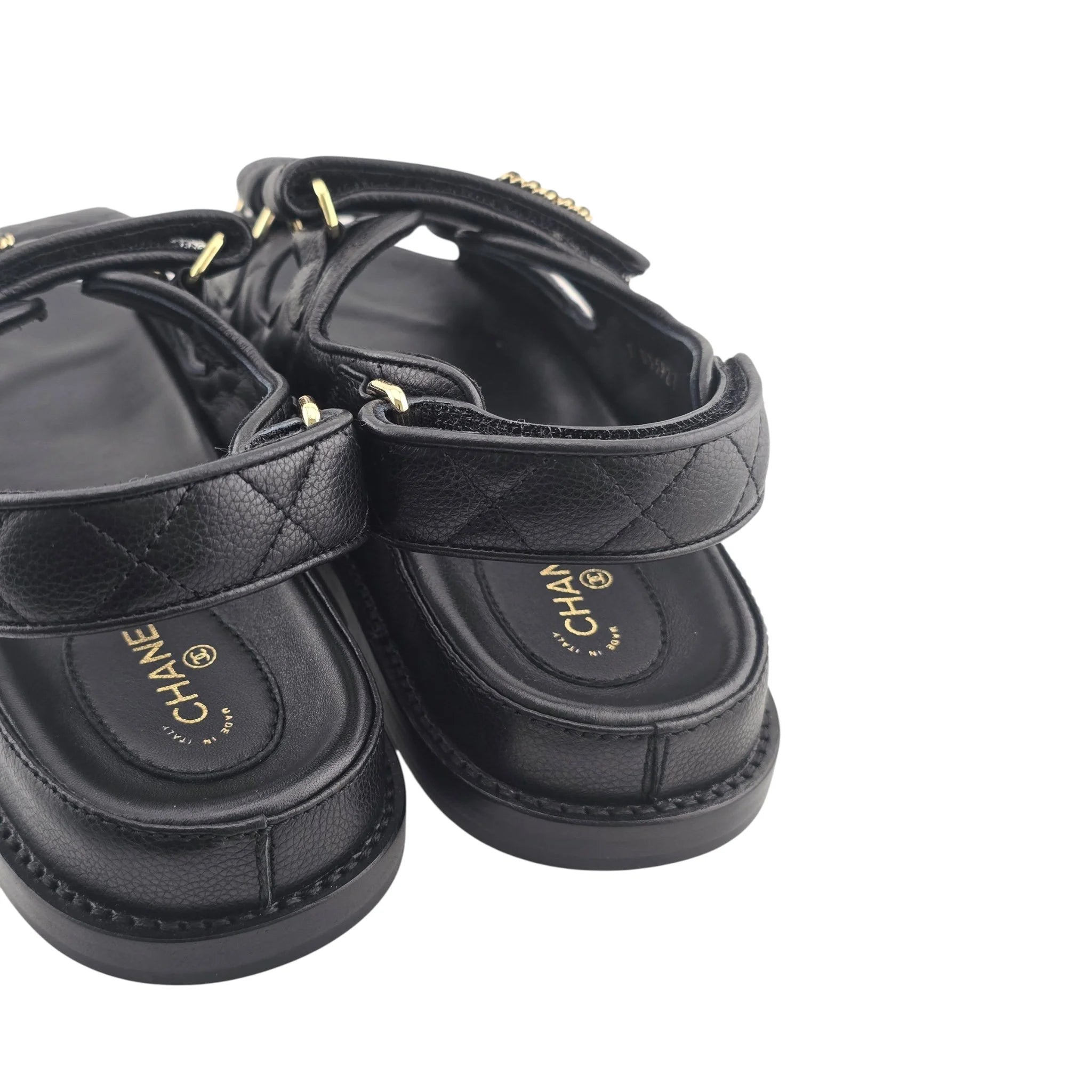 Chanel CC Quilted Caviar Leather Black Dad Sandals CHANEL