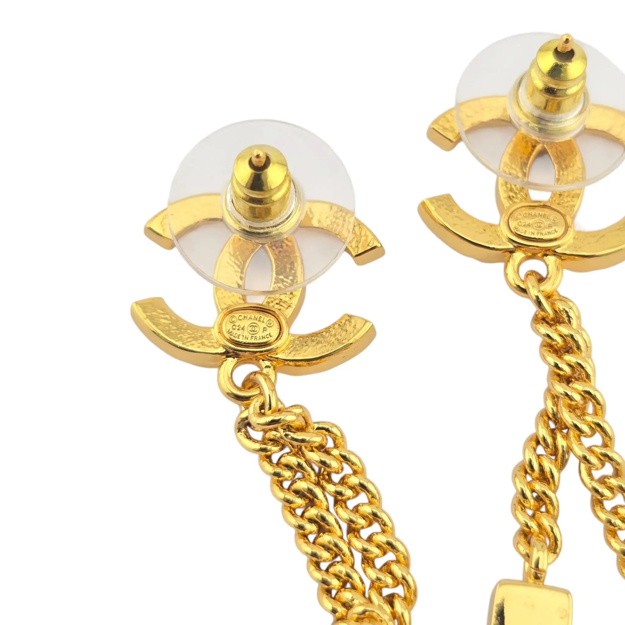 Chanel CC Crystal Pearl Quilted Chain Drop Earrings Gold CHANEL