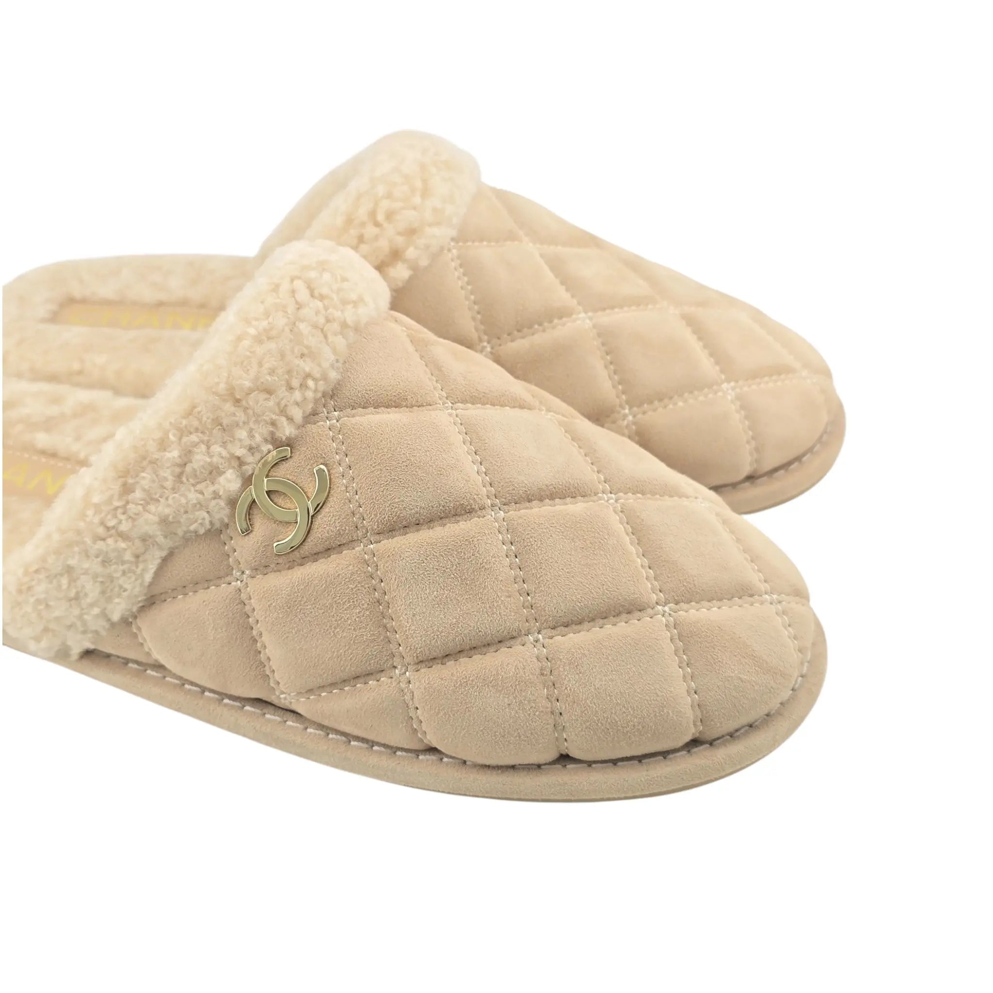 Chanel CC Suede Shearling Mule Slippers 39 UK6 CHANEL