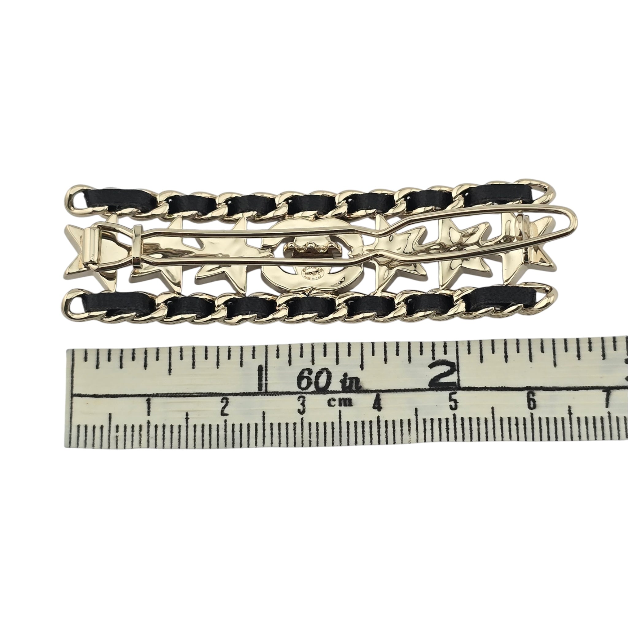 Chanel CC Black Leather Crystal Hair Barrette Clip B23
