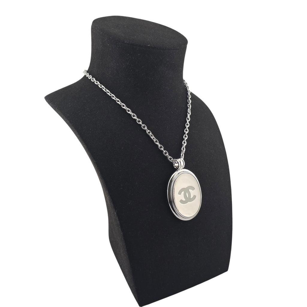 Chanel CC Silver Oval Pendant Necklace 2025