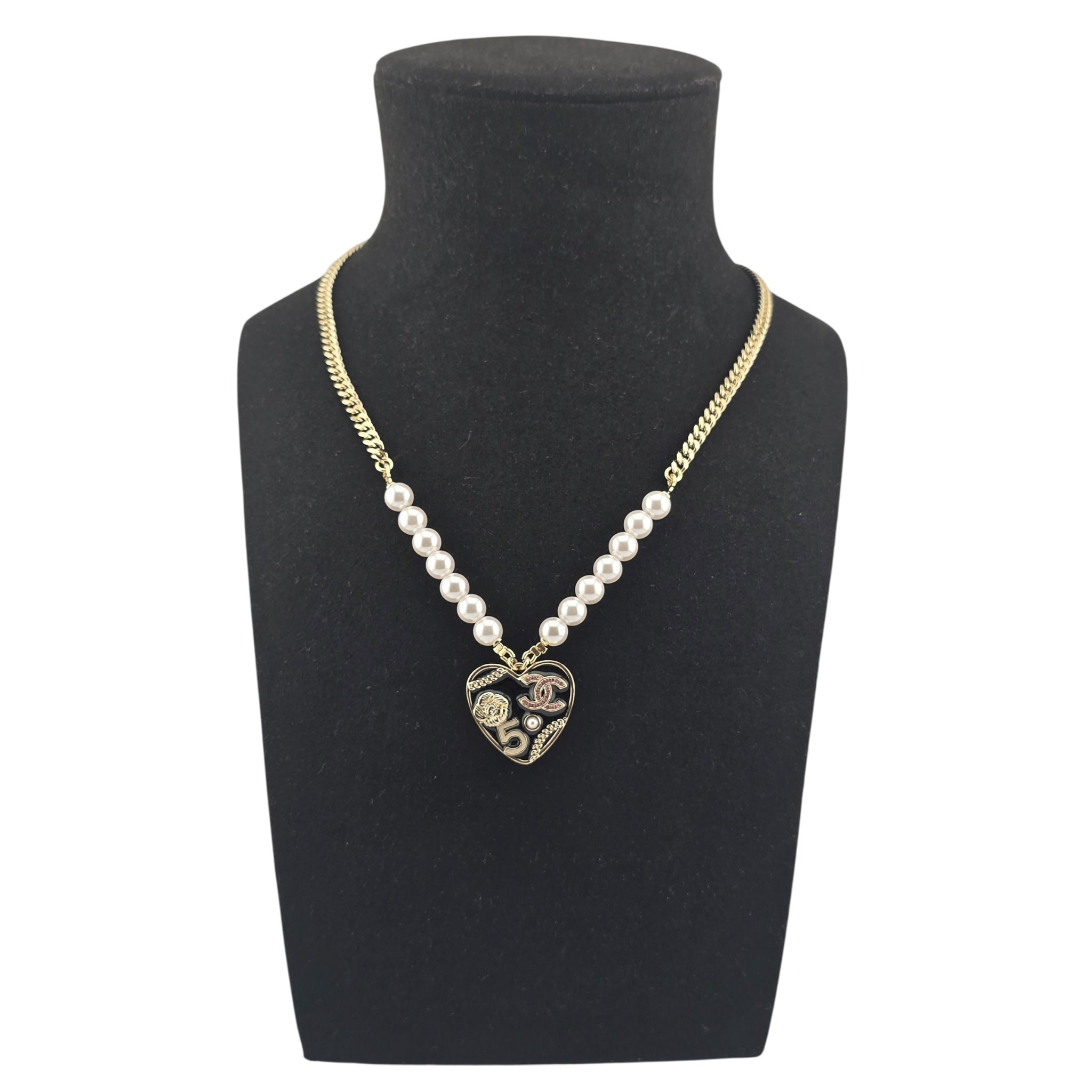 Chanel CC Black Enamel Heart Necklace 2024
