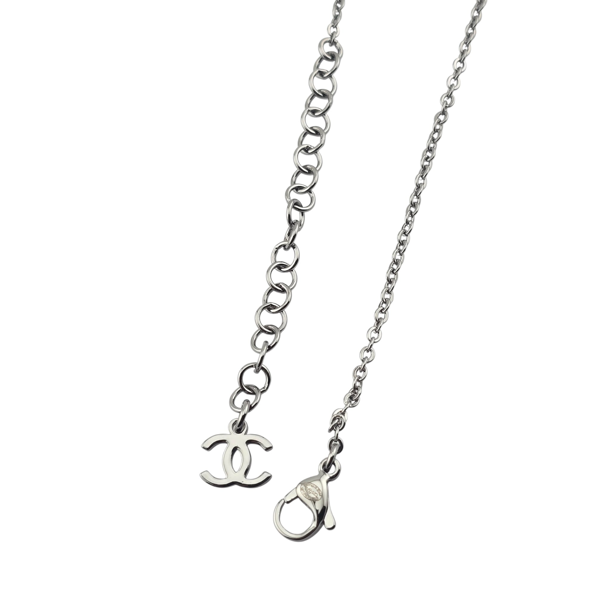 Chanel CC Silver Crystal Enamel Bow Necklace 2025