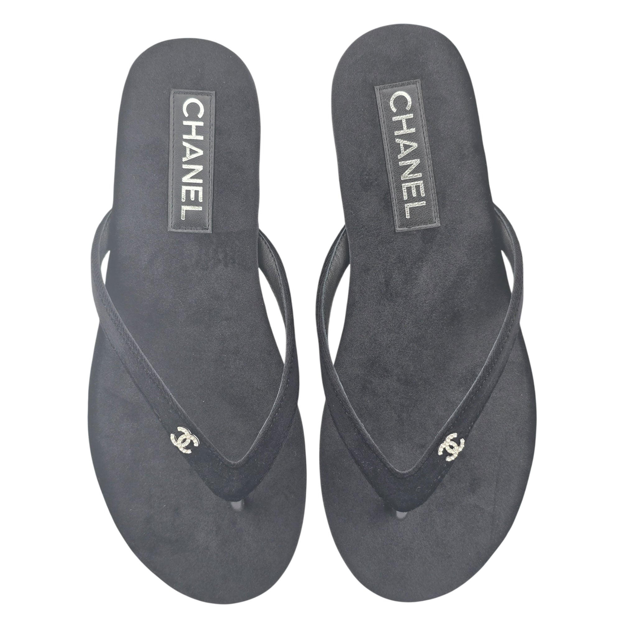 Chanel CC Black Velvet Crystal Thong Sandals 39