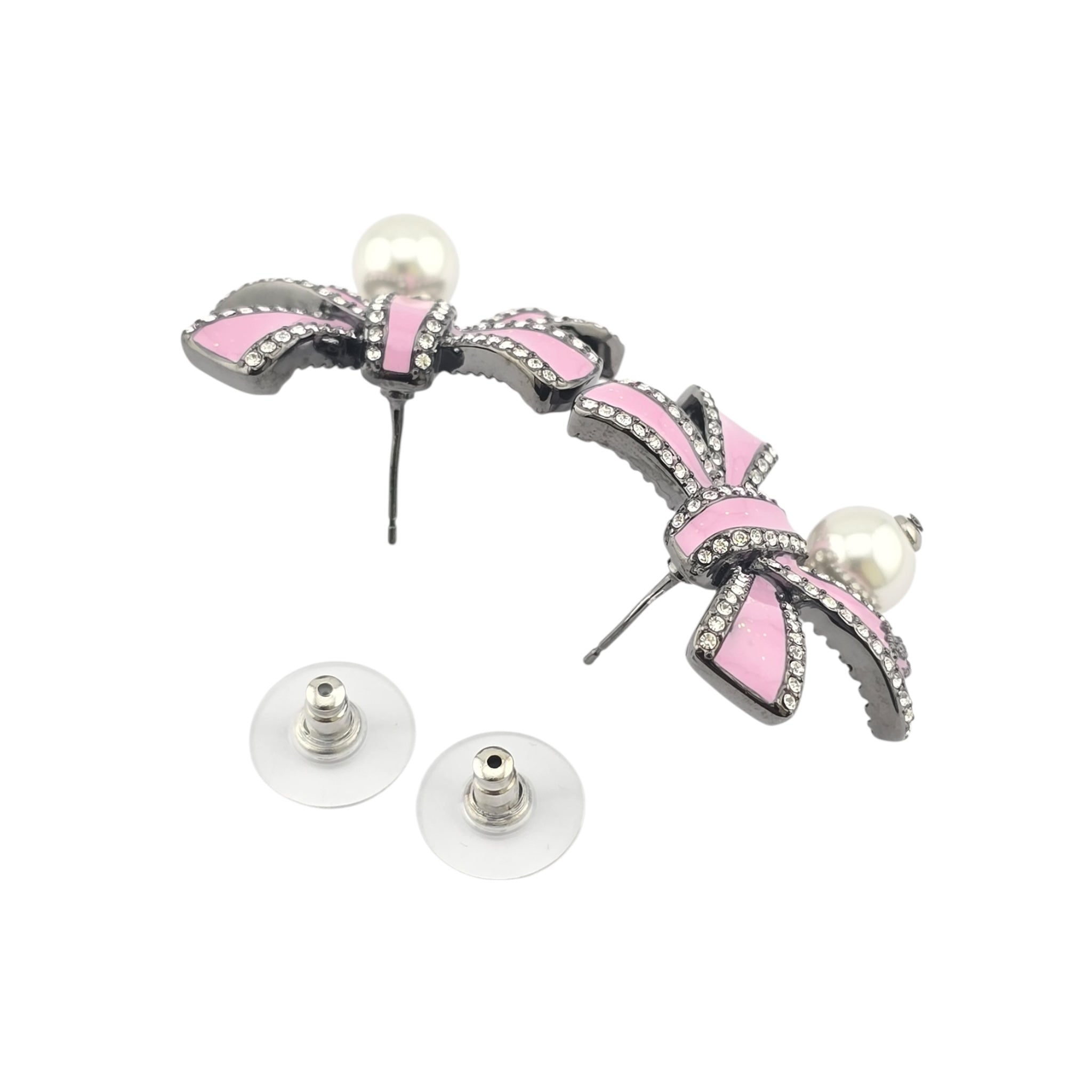 Chanel CC Silver Crystal Enamel Bow Earrings 2025