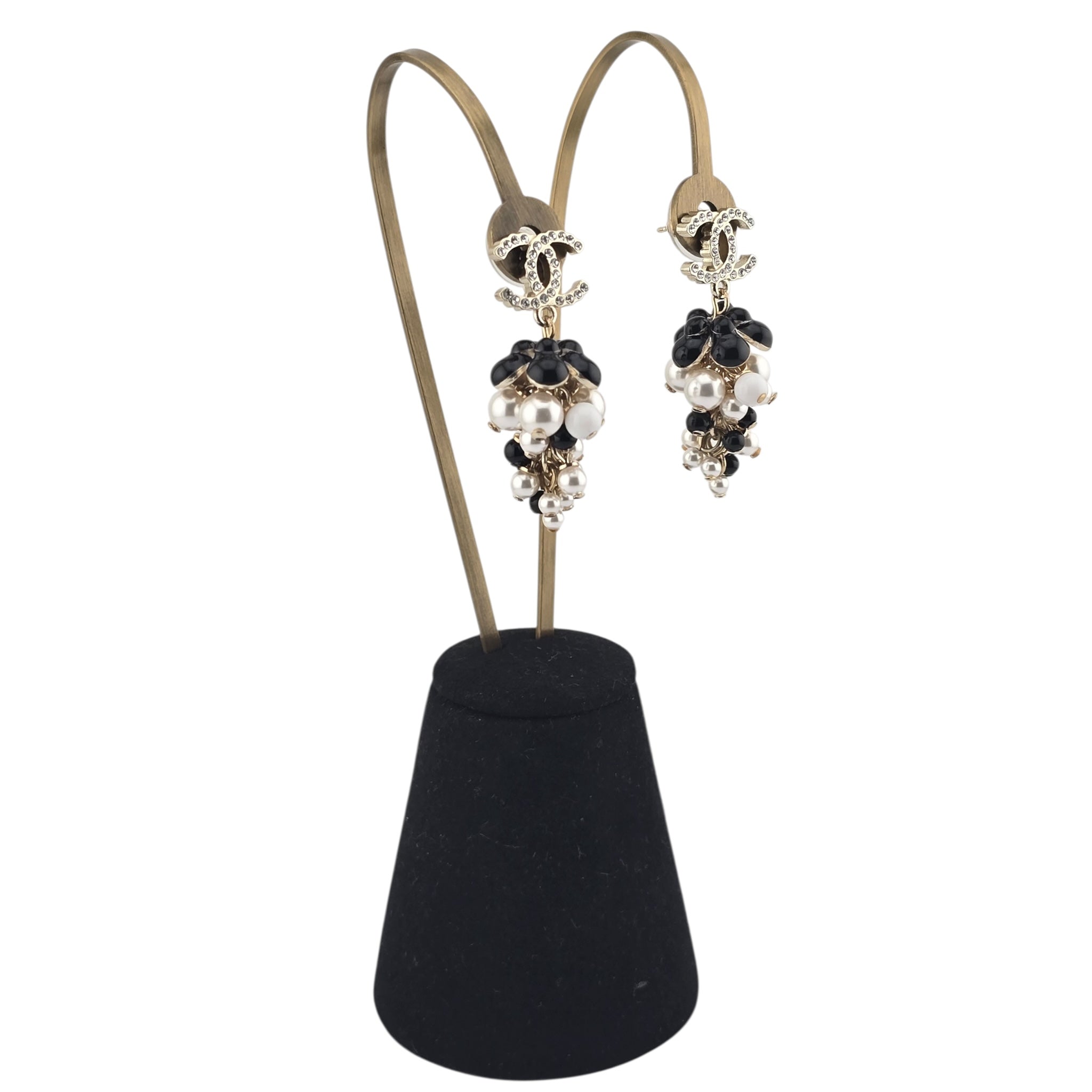Chanel CC Faux Pearl White Black Gold Earrings CHANEL