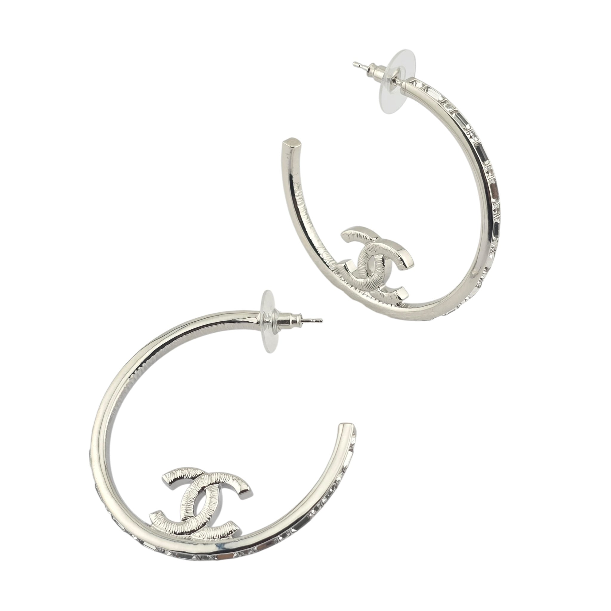 Chanel CC Metal Crystal Baguette Large Hoop Earrings Silver 2022 CHANEL