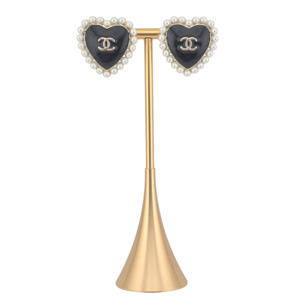 Chanel CC Black Gold Heart Faux Pearl Earrings 2025 CHANEL