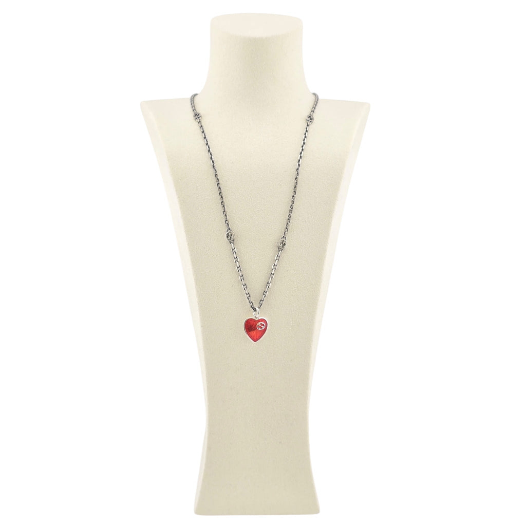 GUCCI Interlocking G Red Heart Silver Necklace GUCCI