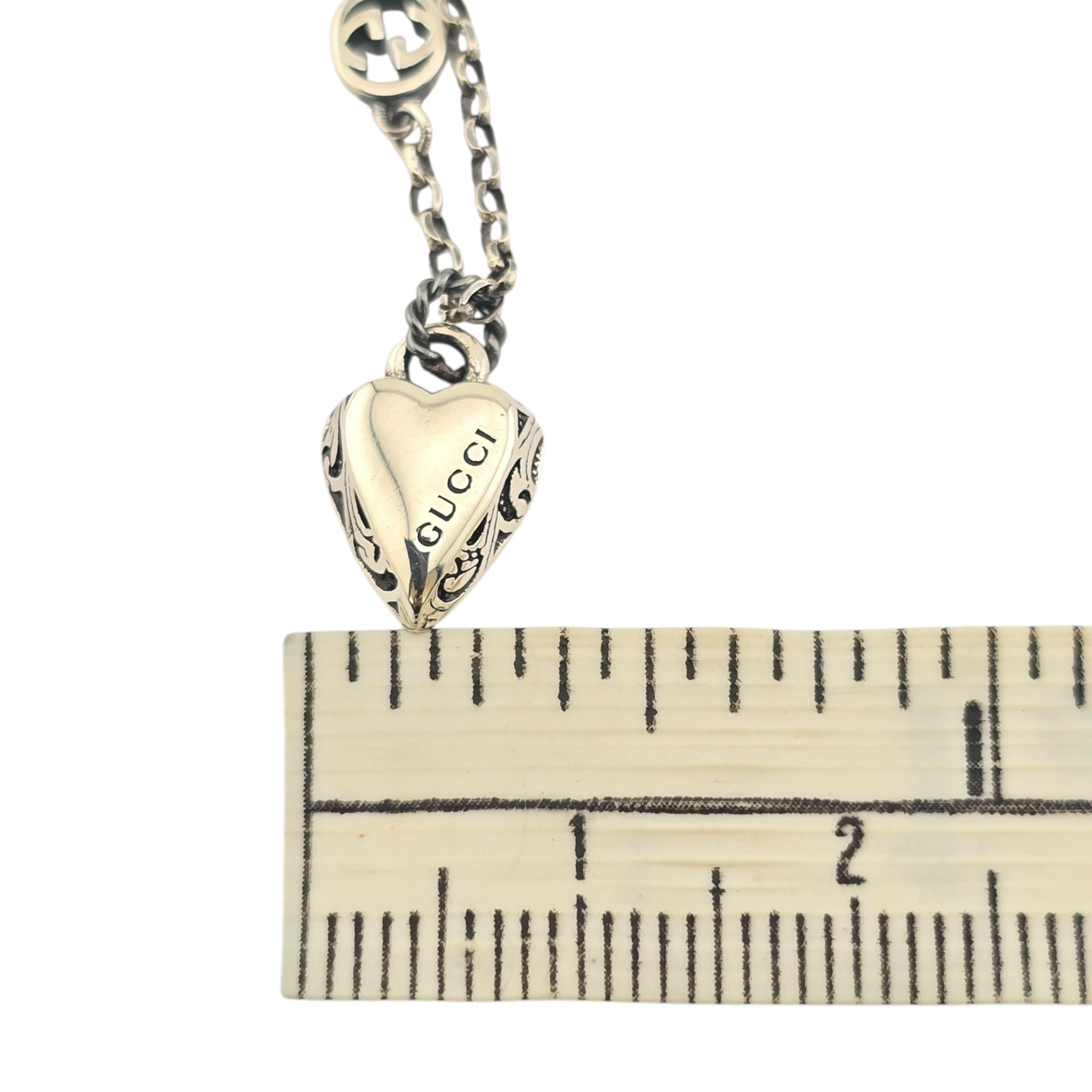 GUCCI GG Engraved Heart Charm Sterling Silver Bracelet GUCCI