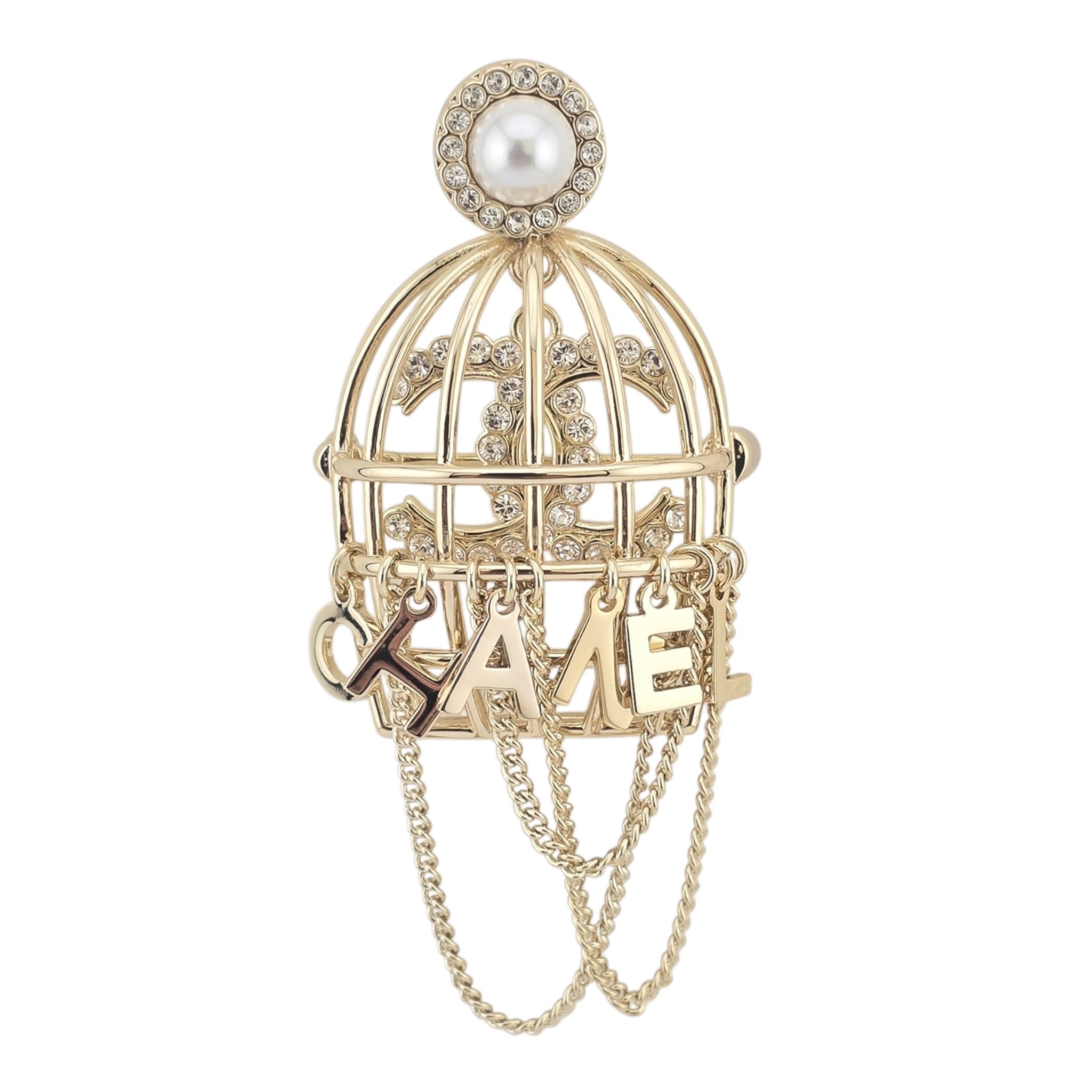 Chanel CC Birdcage Metal Crystal Pearl Gold Brooch CHANEL