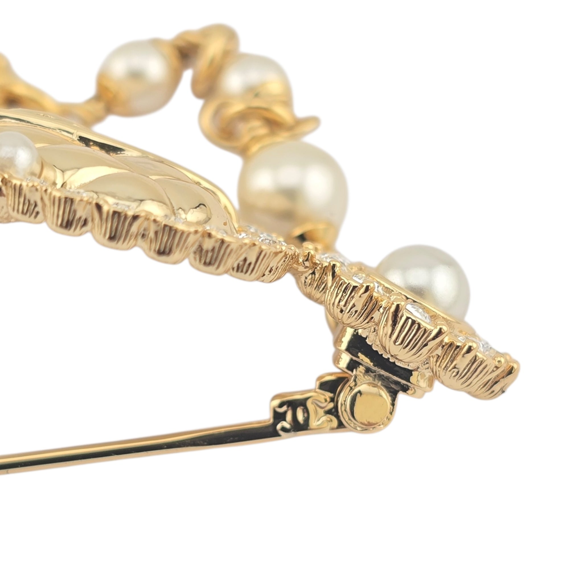 Chanel CC Gold Heart Crystal Faux Pearl Brooch 2024 CHANEL