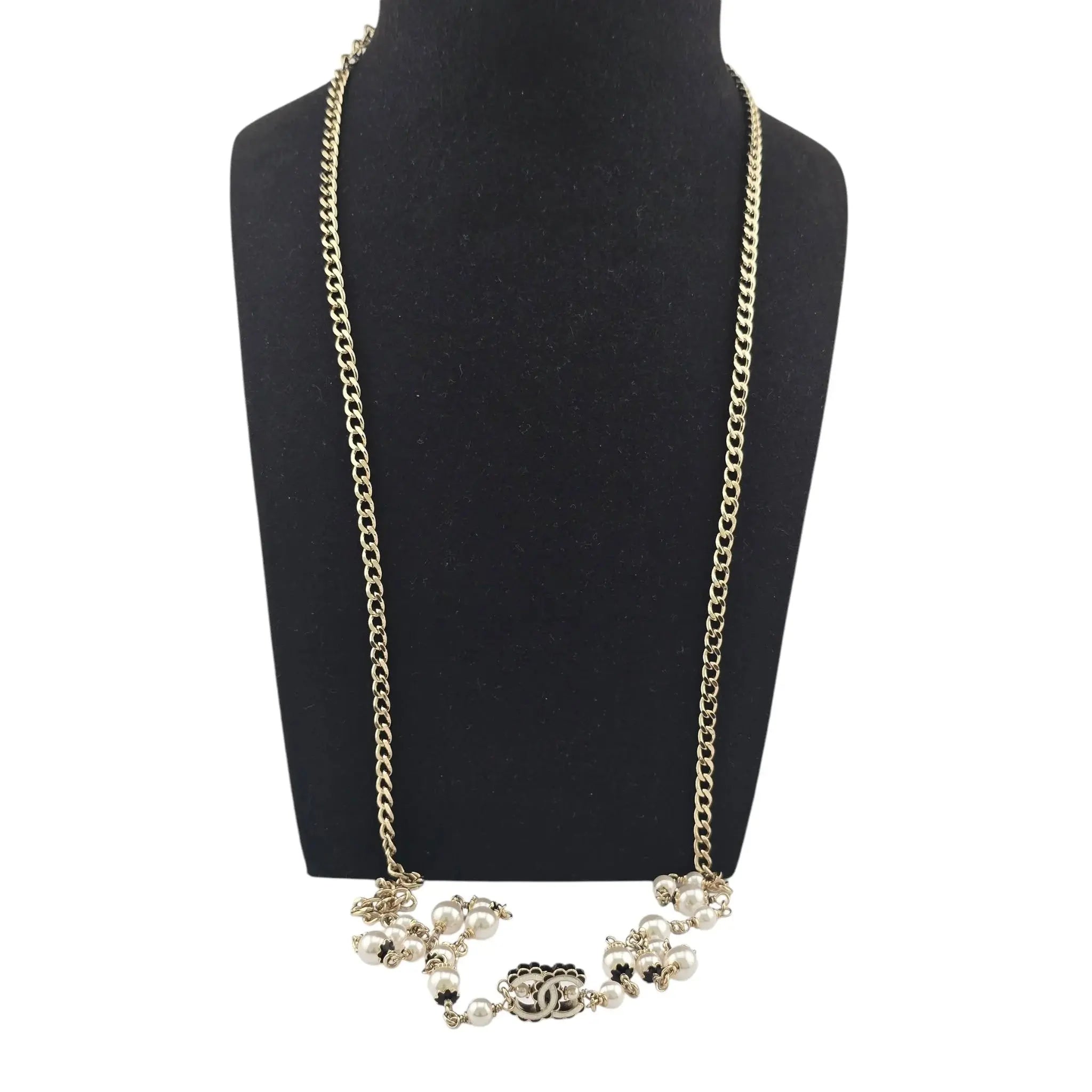 Chanel CC Pearl Gold Long Necklace Black White 2024 CHANEL