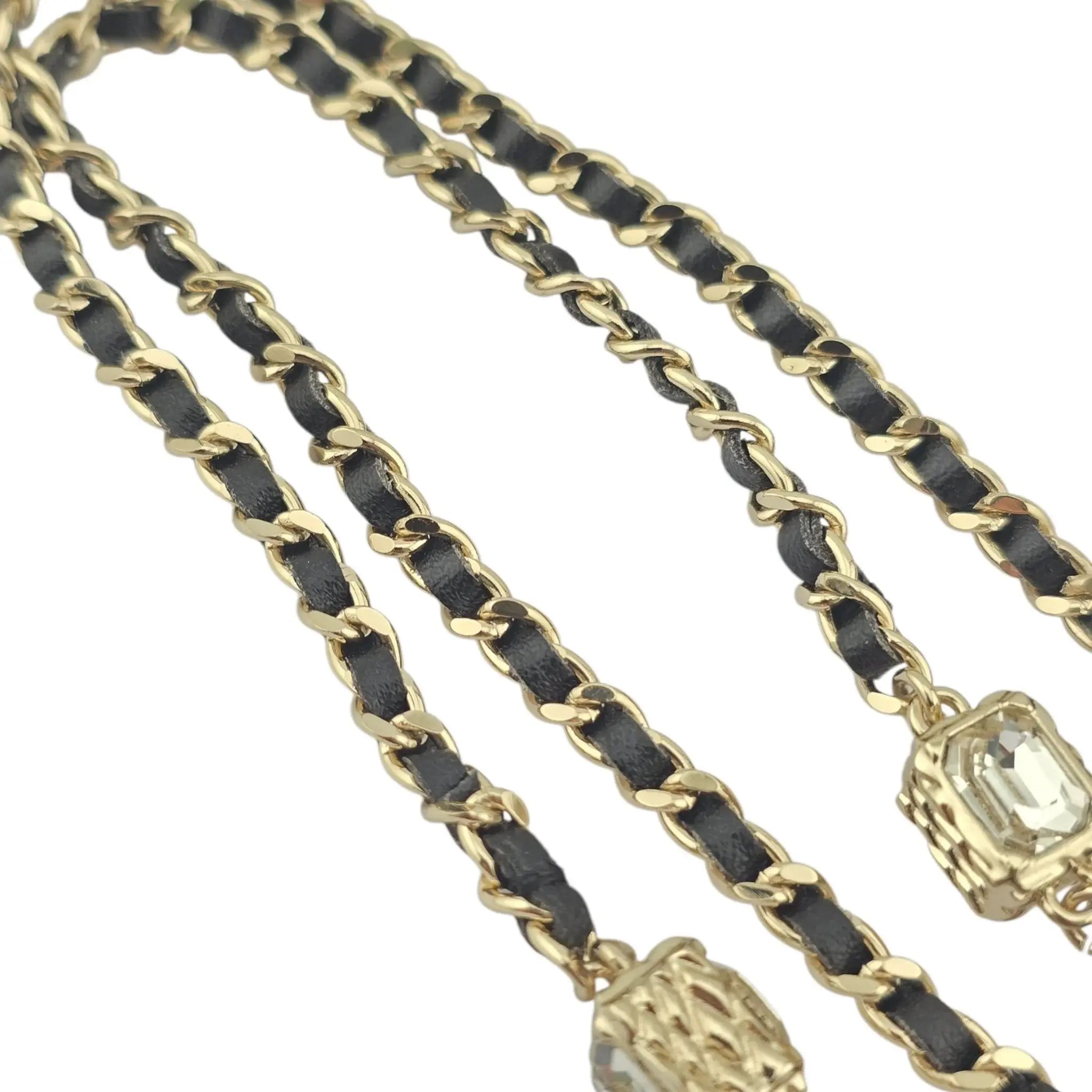 Chanel CC Gold Black Leather Long Necklace A23 CHANEL