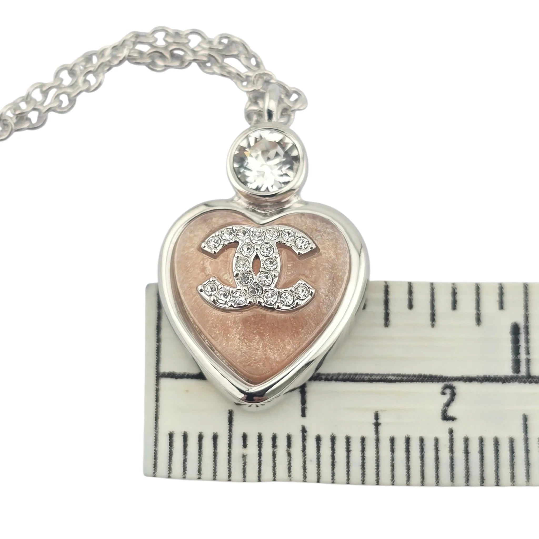 Chanel CC Pink Heart Silver Crystal Metal Necklace B25 CHANEL