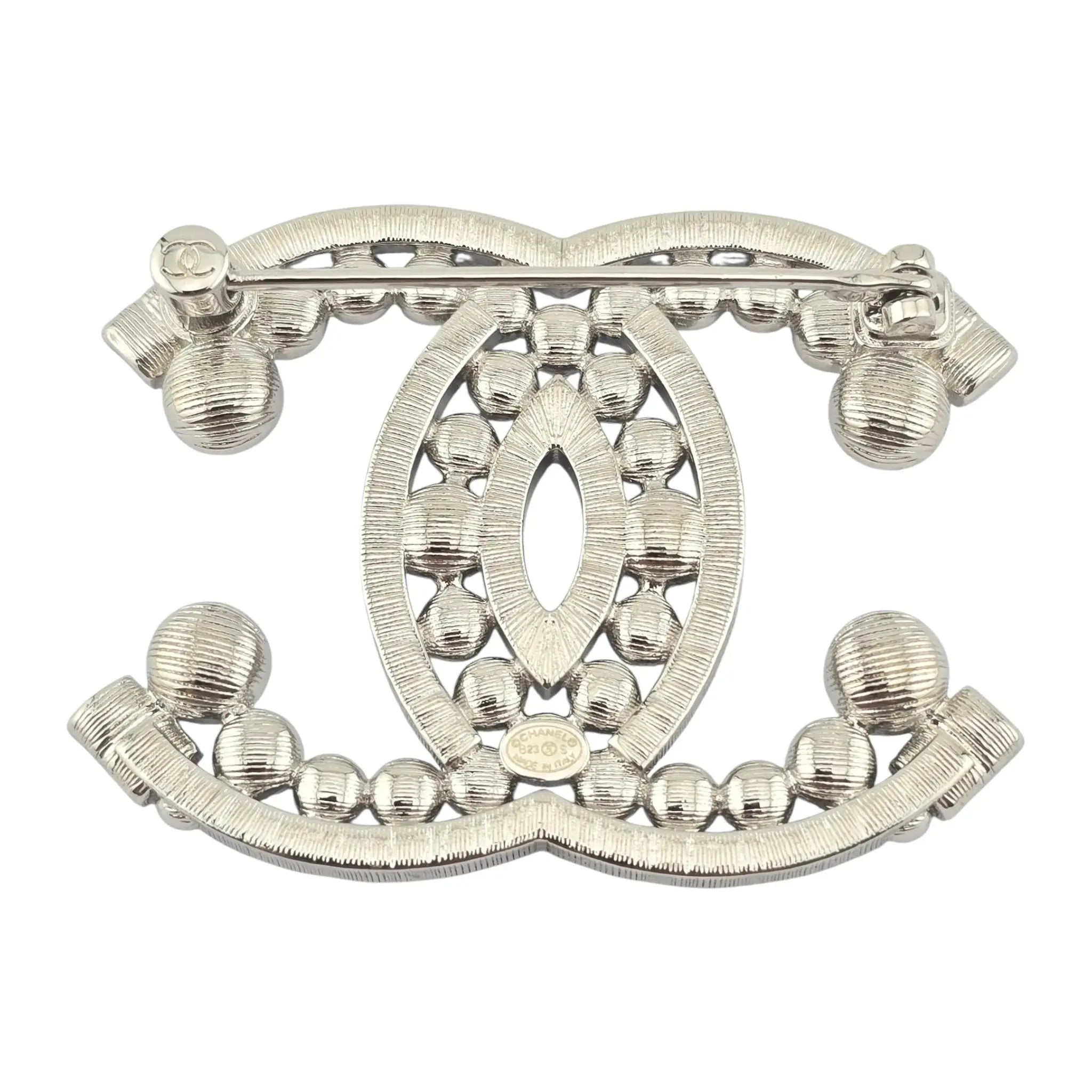 Chanel CC Metal Crystal Brooch Silver 2023 CHANEL