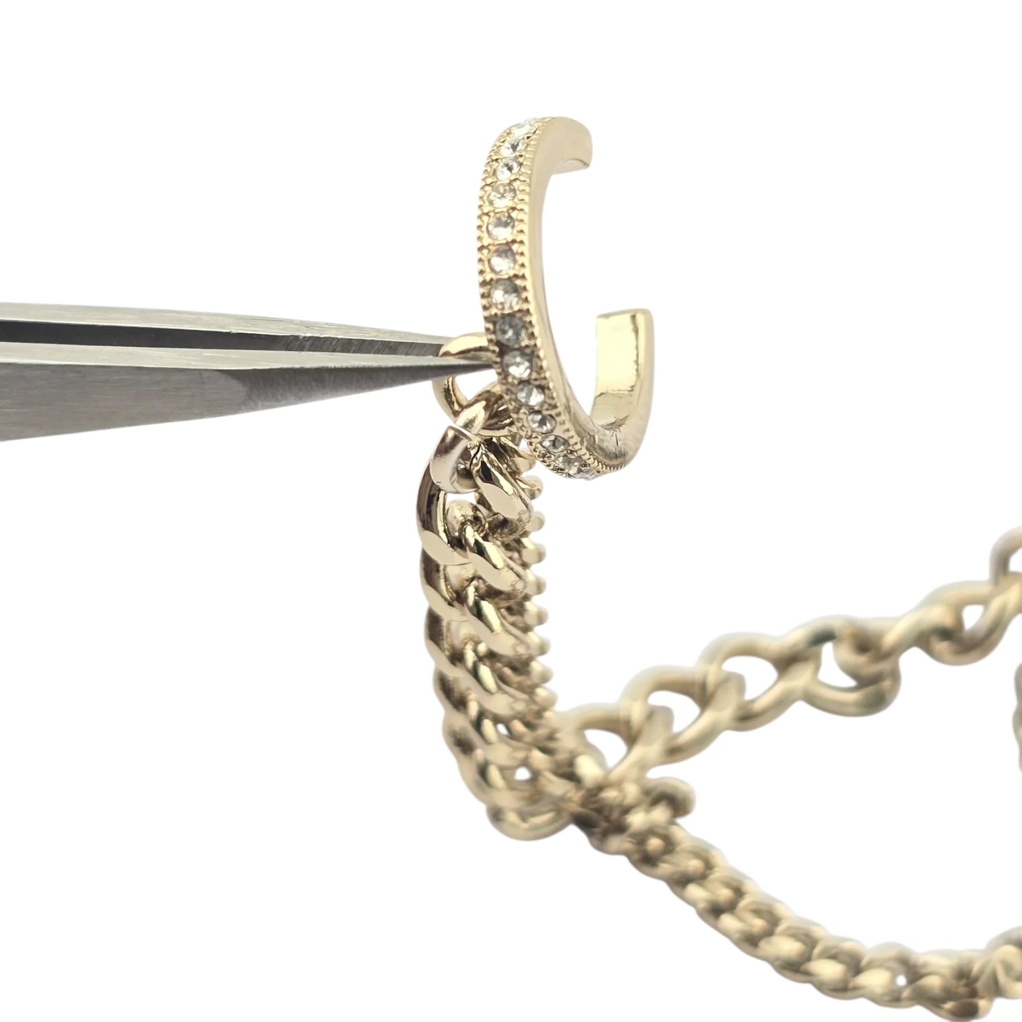 Chanel CC Resin Crystal Heart Chain Cuff Earrings Black Gold CHANEL