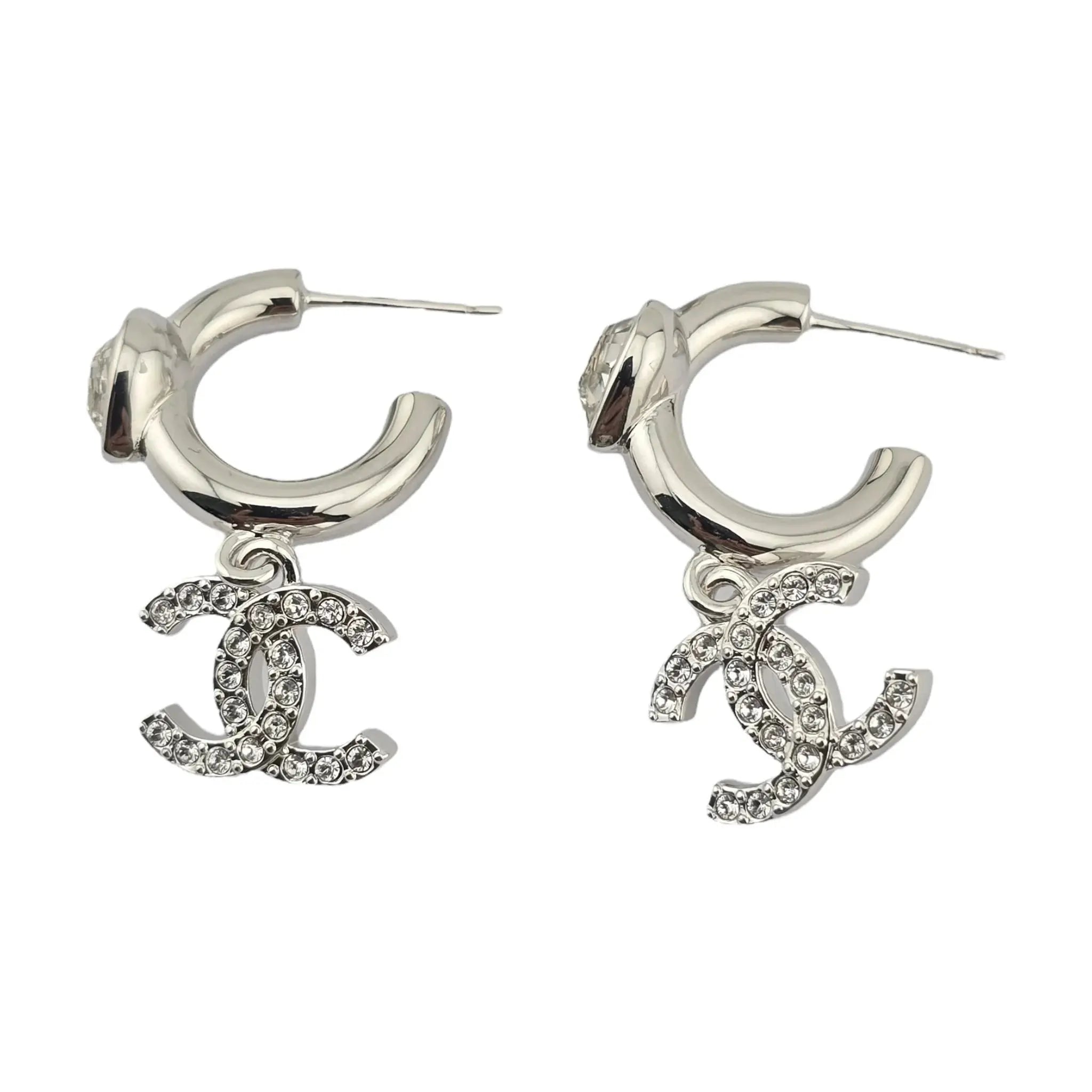 Chanel CC Crystal Heart Drop Silver Earrings 2025 CHANEL