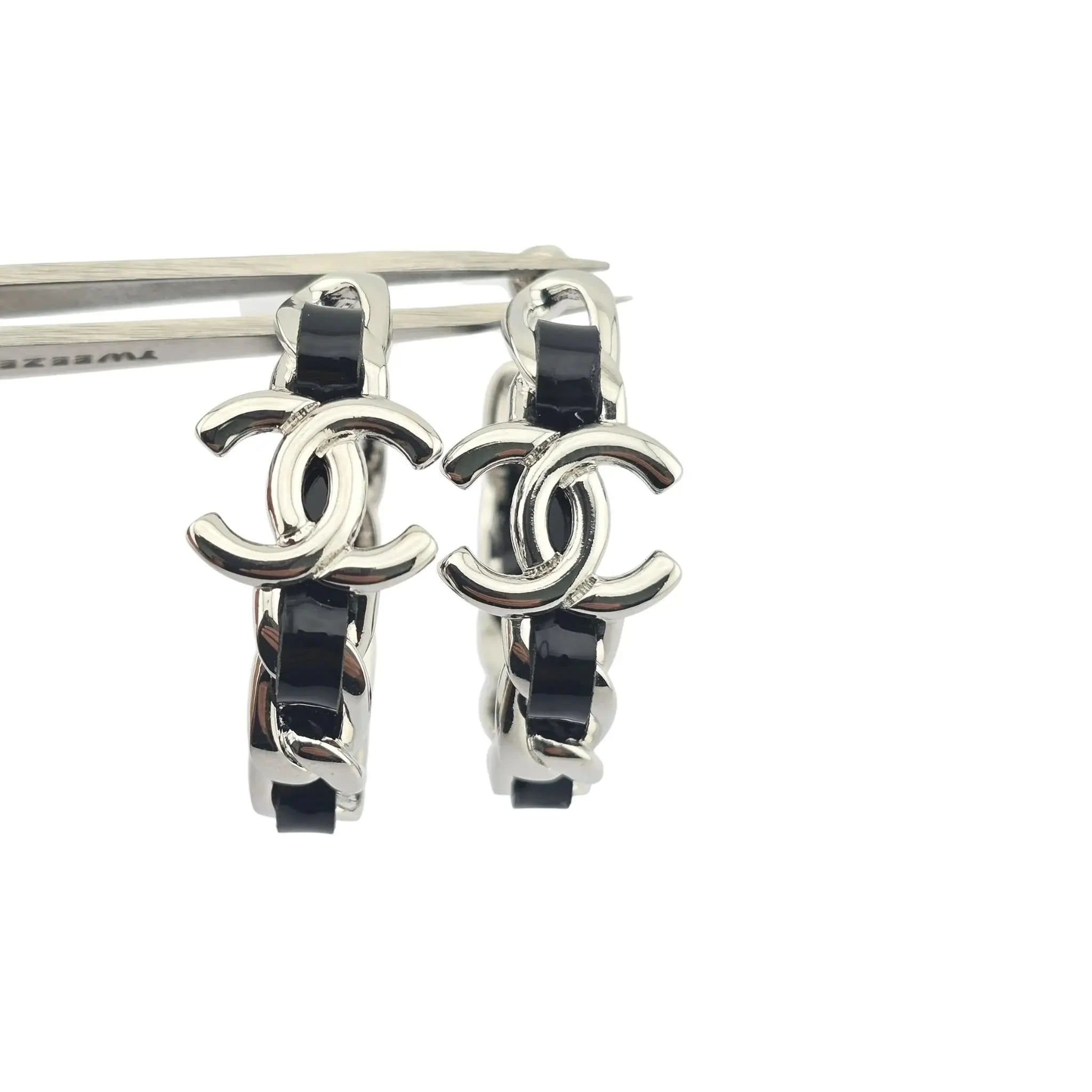 Chanel CC Leather Black Hoop Earrings 2025 CHANEL