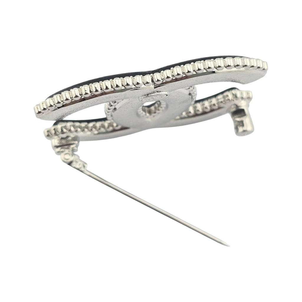 Chanel CC Crystal Leather Silver Tone Pin Brooch 2022 CHANEL