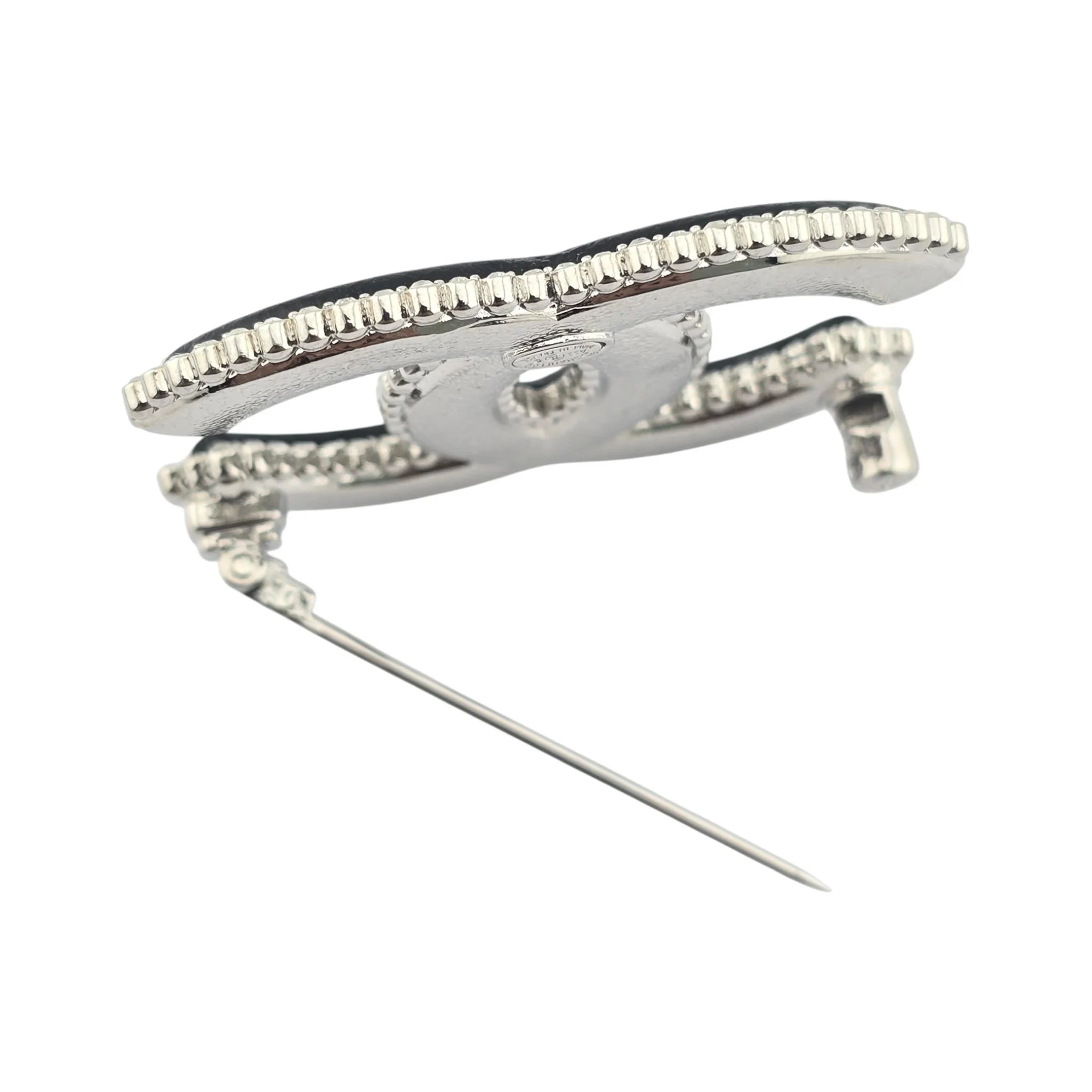 Chanel CC Crystal Leather Silver Tone Pin Brooch 2022 CHANEL