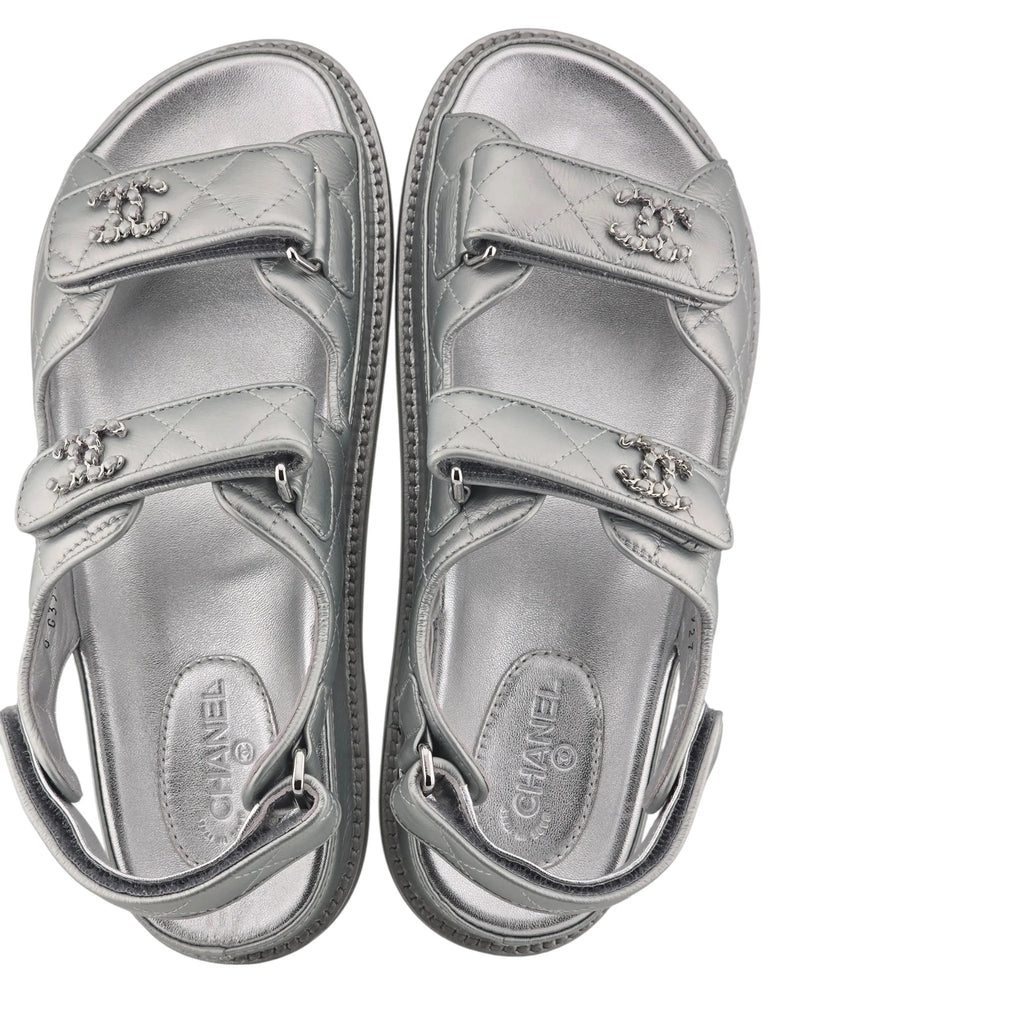 Chanel CC Silver Metallic Leather Dad Sandals CHANEL