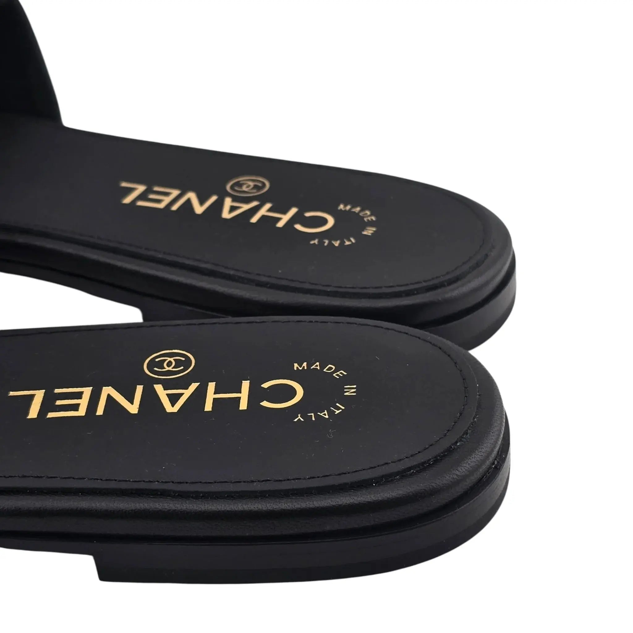 Chanel CC  Lambskin Quilted Turnlock Black Gold Sandals 39 CHANEL