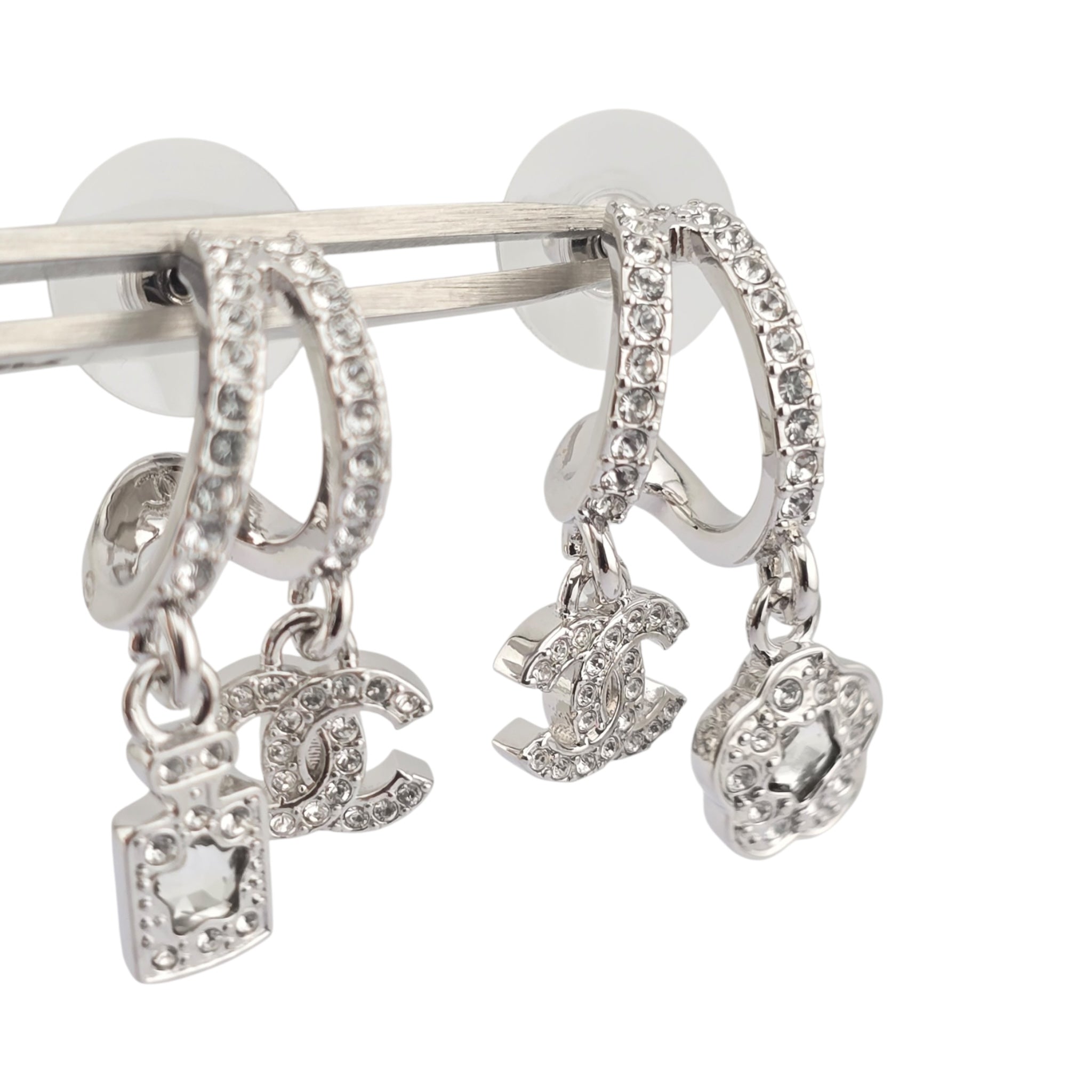 Chanel CC Silver Crystal Hoop Pendant Earrings 2025 CHANEL