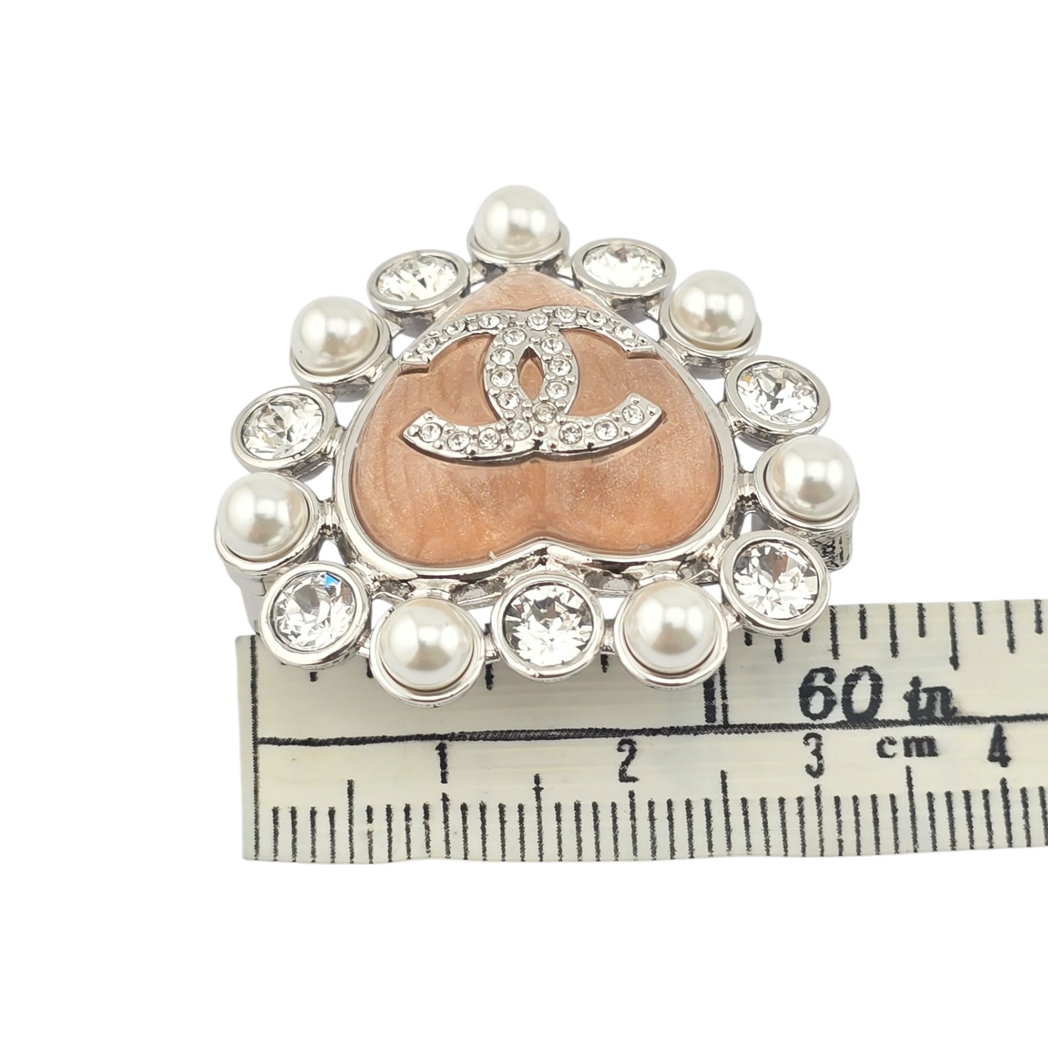 Chanel CC Silver Pink Heart Crystal Faux Pearl Brooch 2025 CHANEL